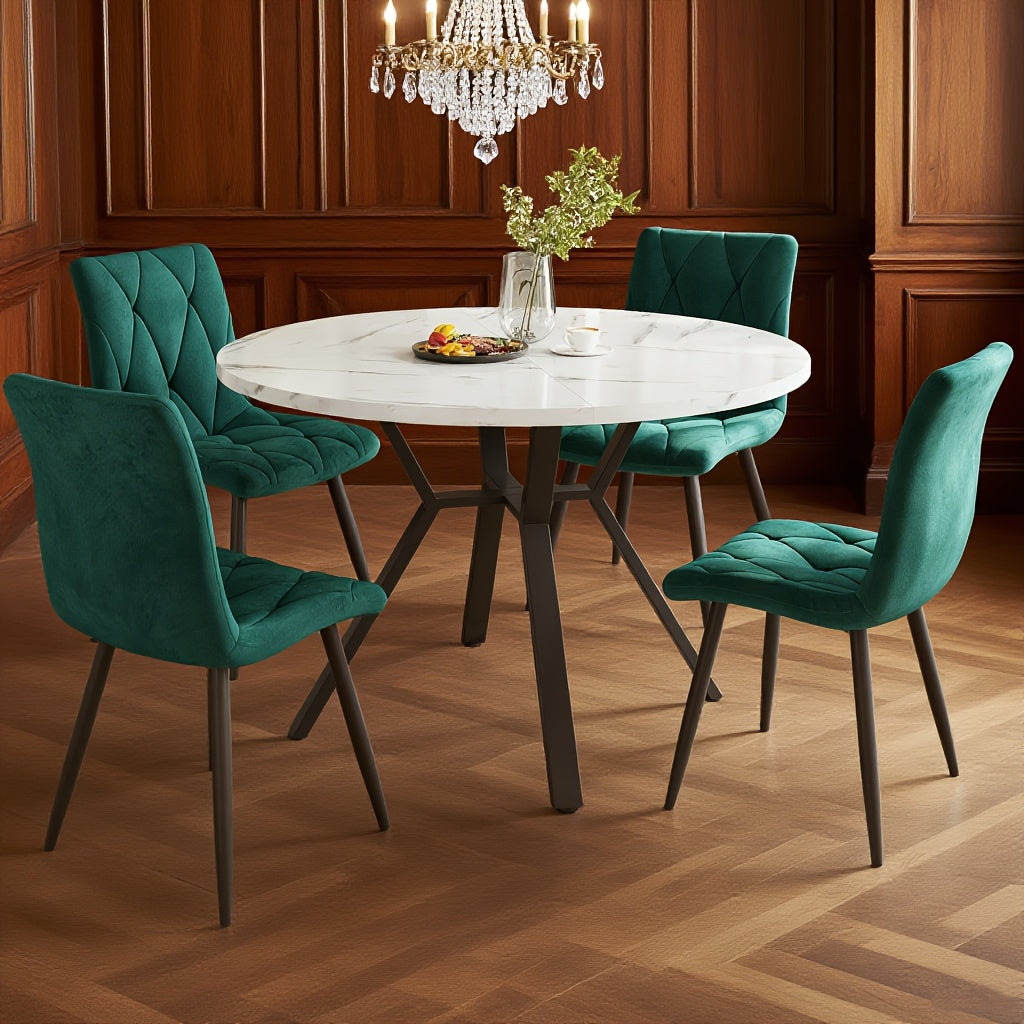 5pcs Ensemble de table et chaise ronde moderne - Pieds en métal noir, 4 chaises ergonomiques en velours vert, design minimaliste pour un repas contemporain, décoration de table à manger, meubles élégants, construction durable, meubles élégants, designers