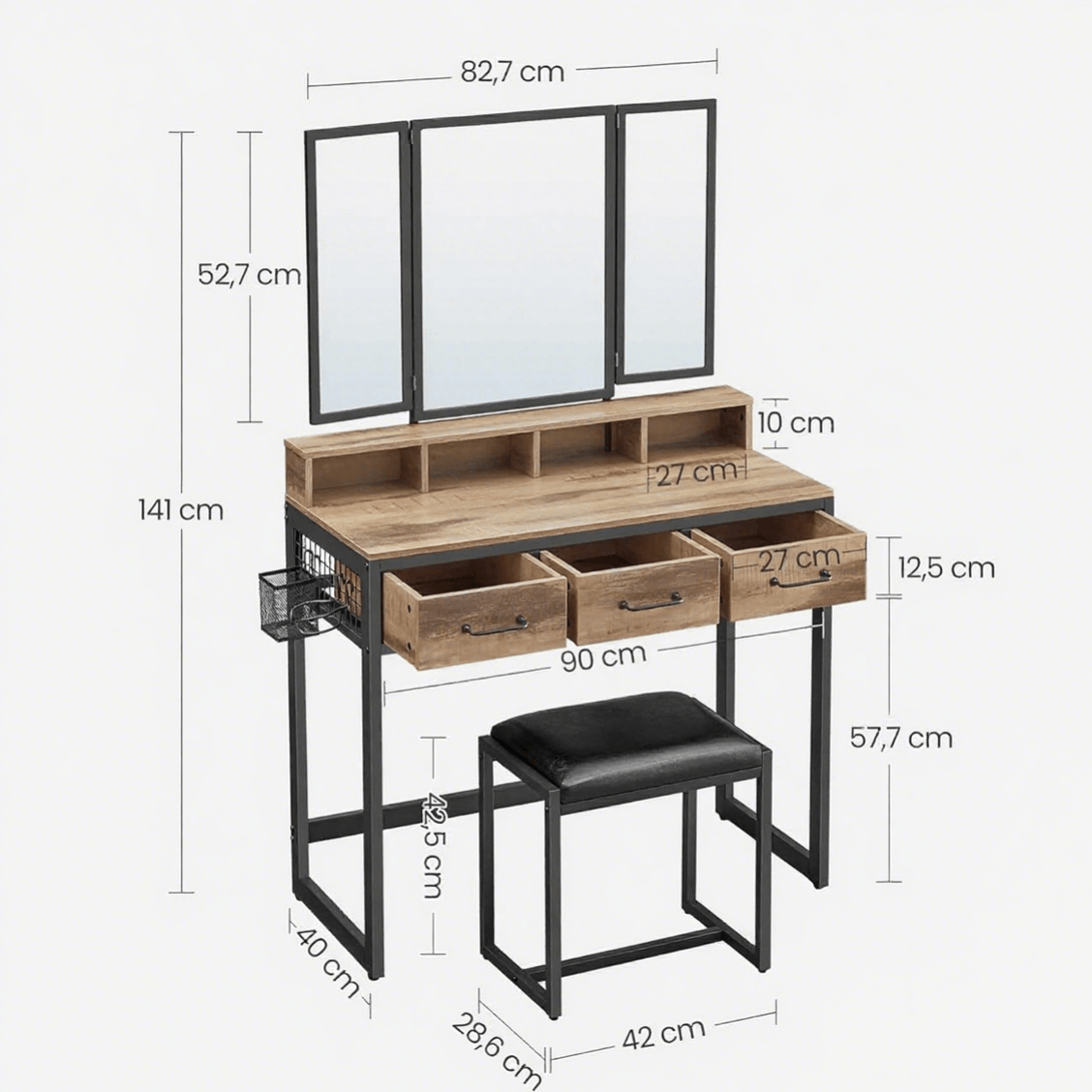 Table de maquillage avec miroir pliant en 3 parties, support pour sèche-cheveux, table de maquillage avec tabouret rembourré, 3 tiroirs