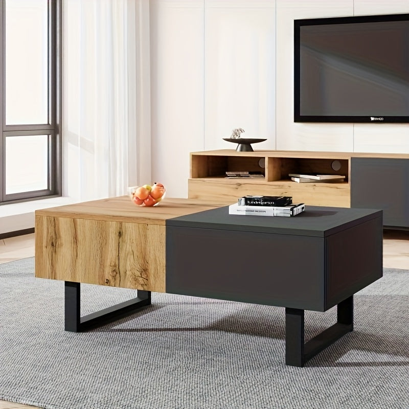 Une table basse contemporaine multifonctionnelle qui offre un stockage dissimulé, un cadre en métal, idéale pour les deux milieux domestique et professionnel, et facile à assembler.