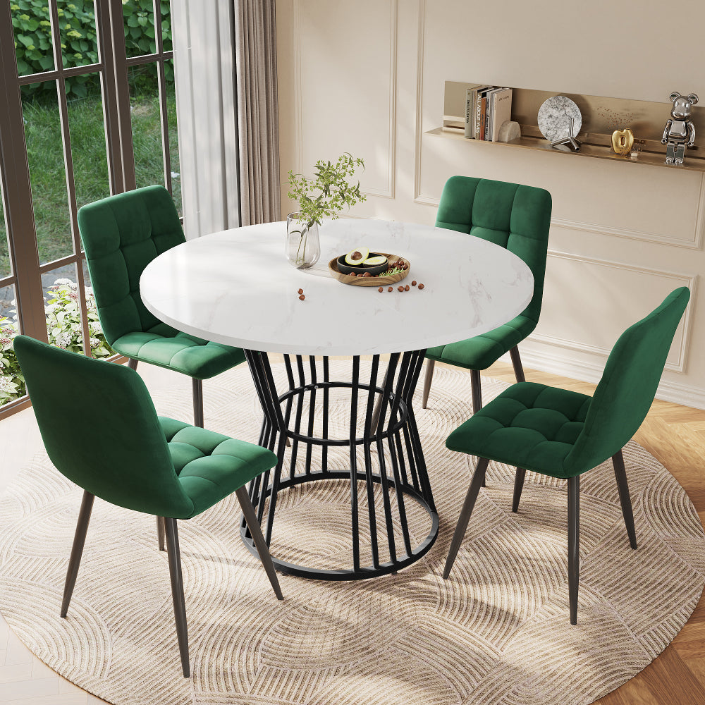 5pcs Ensemble de table à manger moderne avec 4 chaises en velours vert - Table ronde de 100 cm en marbre blanc et pieds en métal noir, meubles de cuisine/salle à manger peu encombrants, design minimaliste contemporain, surface facile à nettoyer, siège co