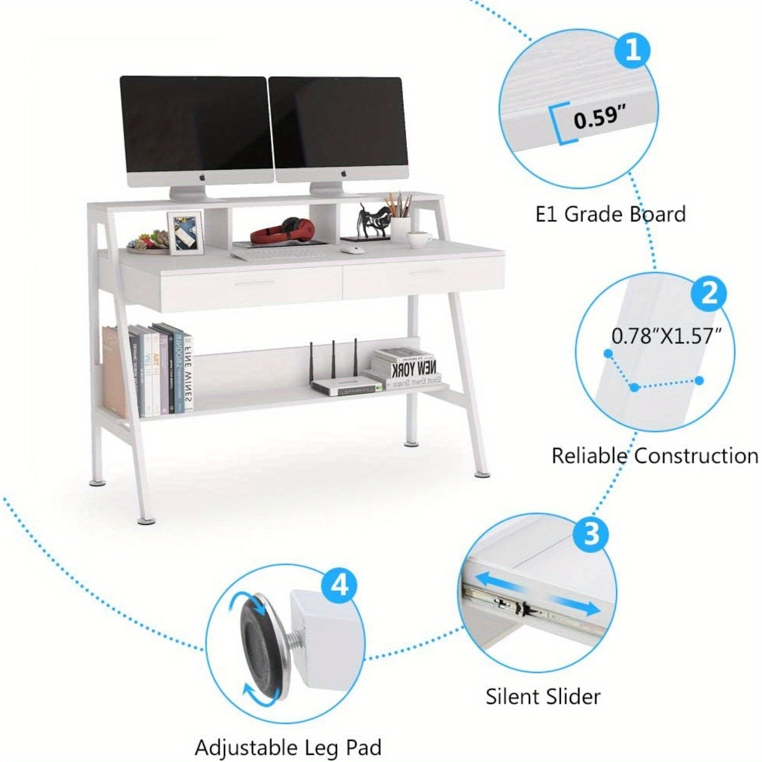 Bureau avec étagères et tiroirs, bureau de bureau moderne de 120 cm, bureau de bureau avec support d'écran pour utilisation à domicile (blanc)