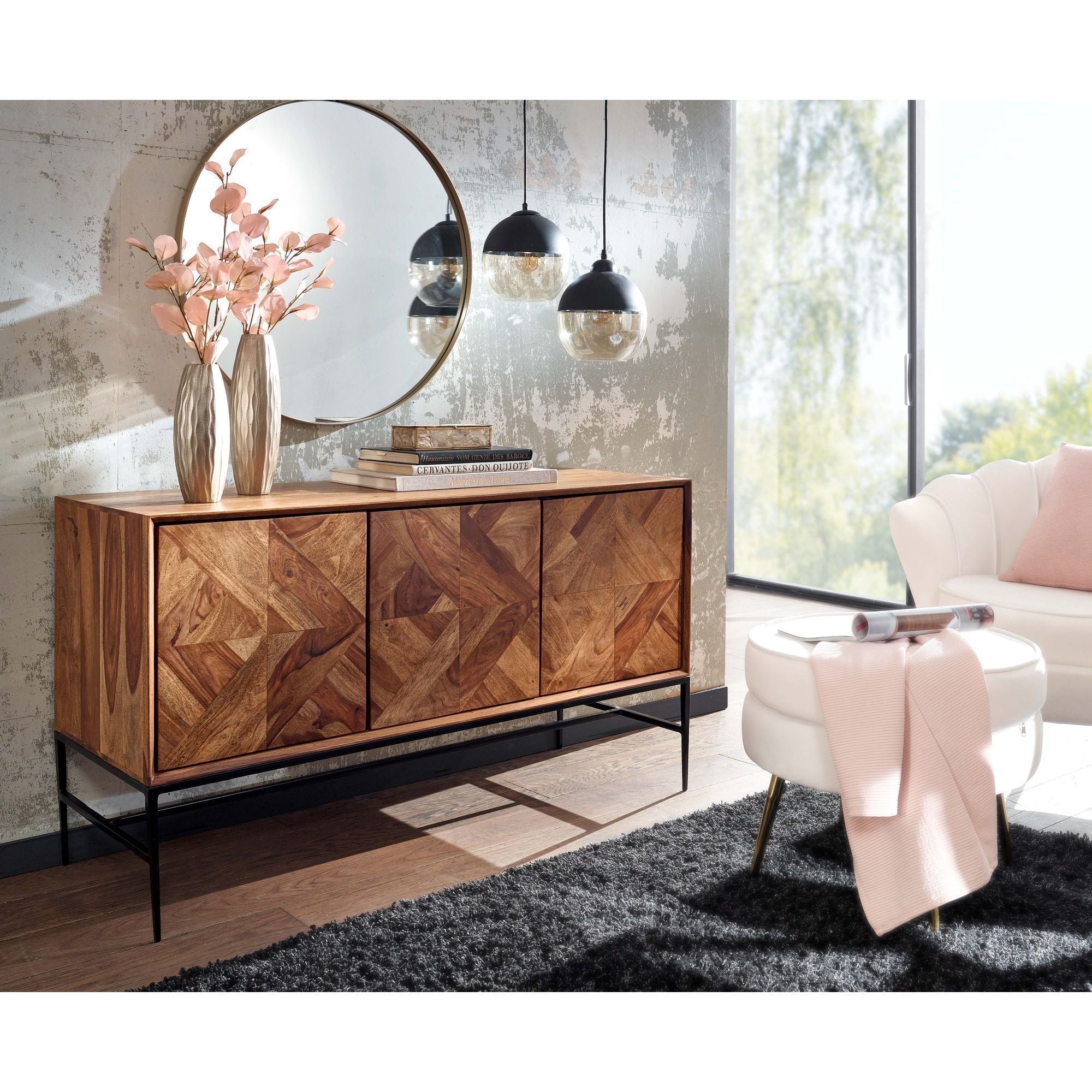 Buffet en Bois Massif 120cm Sheesham Naturel avec 3 Portes, Métal Noir