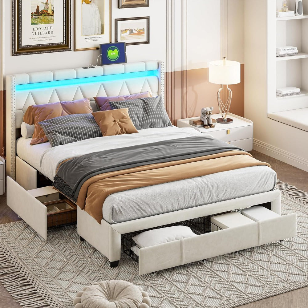 YCZ Lit Double Rembourré 140 x 200 avec 4 Tiroirs, Lit Capitonné avec éclairage LED et Charge USB, Lit 2 Personnes avec Rangement, Cadre de Lit, Lin, dfsdgg Mattress not includedjk.f4sa651fa.FS4A56