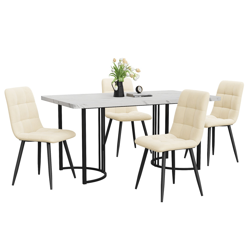 Ensemble de table à manger à la mode 5 pièces, une table à manger avec 4 chaises, ensemble de table à manger de cuisine moderne, table à manger avec plateau carré en MDF, chaises de salle à manger en velours beige, table à manger de 140*80*75 cm, chaises