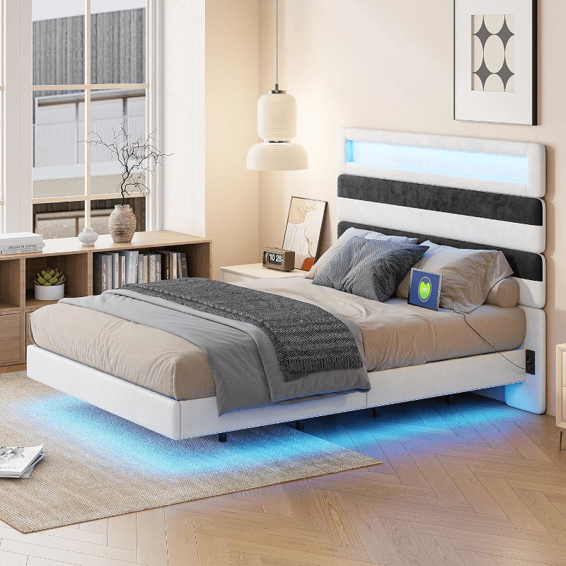 Lit rembourré,, avec bande lumineuse LED et chargement USB, tête de lit réglable à rayures, facile à monter, sommier à lattes en bois, velours, blanc cassé, matelas non inclusghgfj
