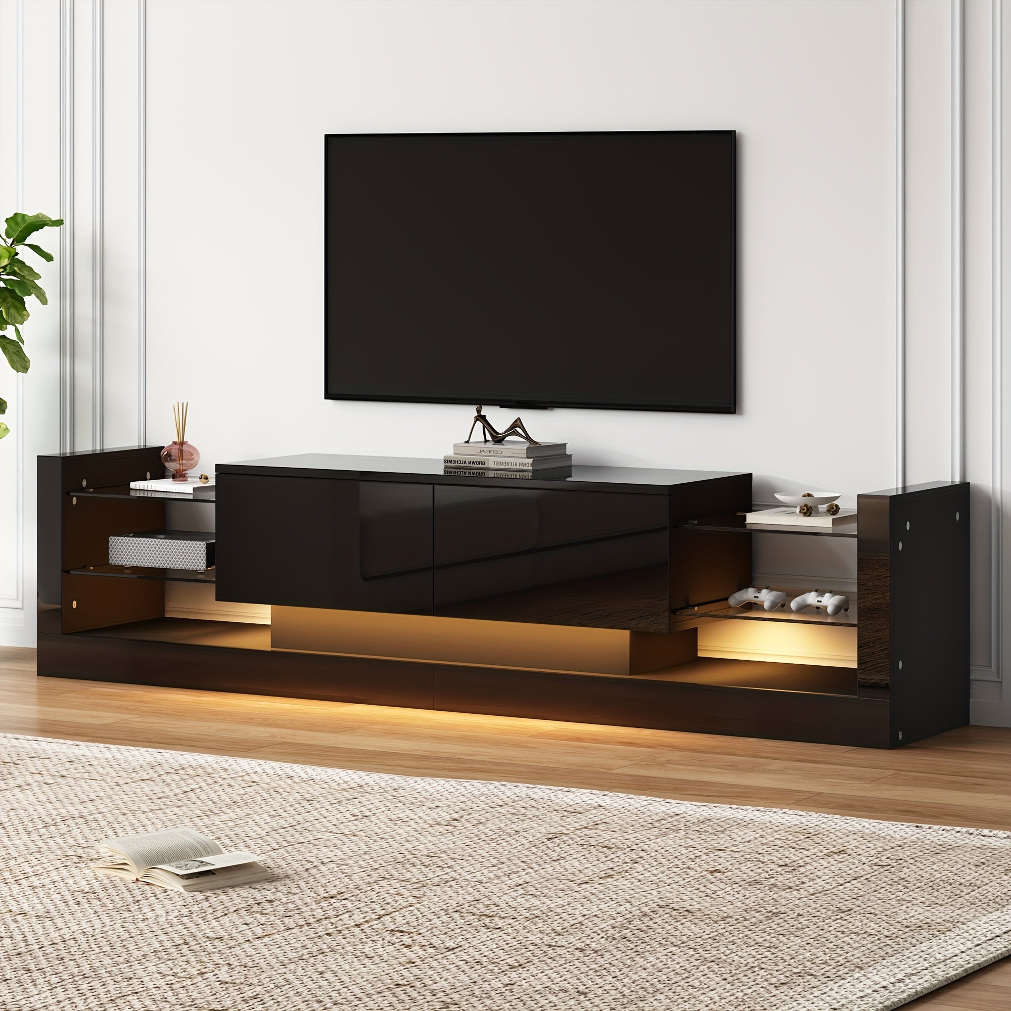 Meuble TV, 181 cm, pour téléviseurs jusqu'à 80", deux tiroirs pliants, Console Média,Centre de Divertissement,Unité de Divertissement Élégante,Conception Économiseuse d'Espace,Cadre Léger,Stockage Média,Meuble TV avec rangement,Vie en Petit Espace