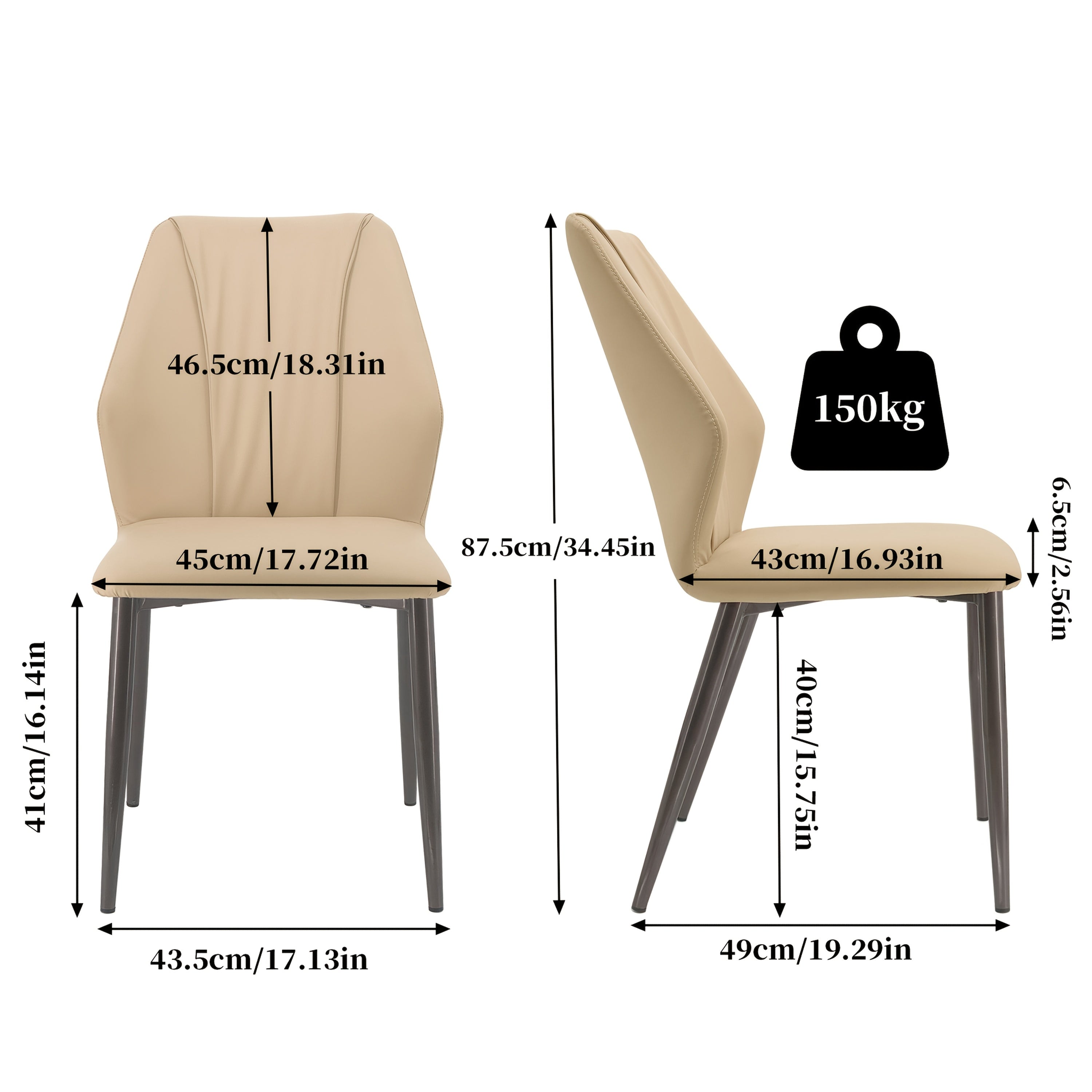 Ensemble de 4 chaises à manger, Chaises salle à manger en simili cuir ultra doux avec dossier et pieds métalliques solides pour séjour ou lounge maison - Gris foncé & Kaki