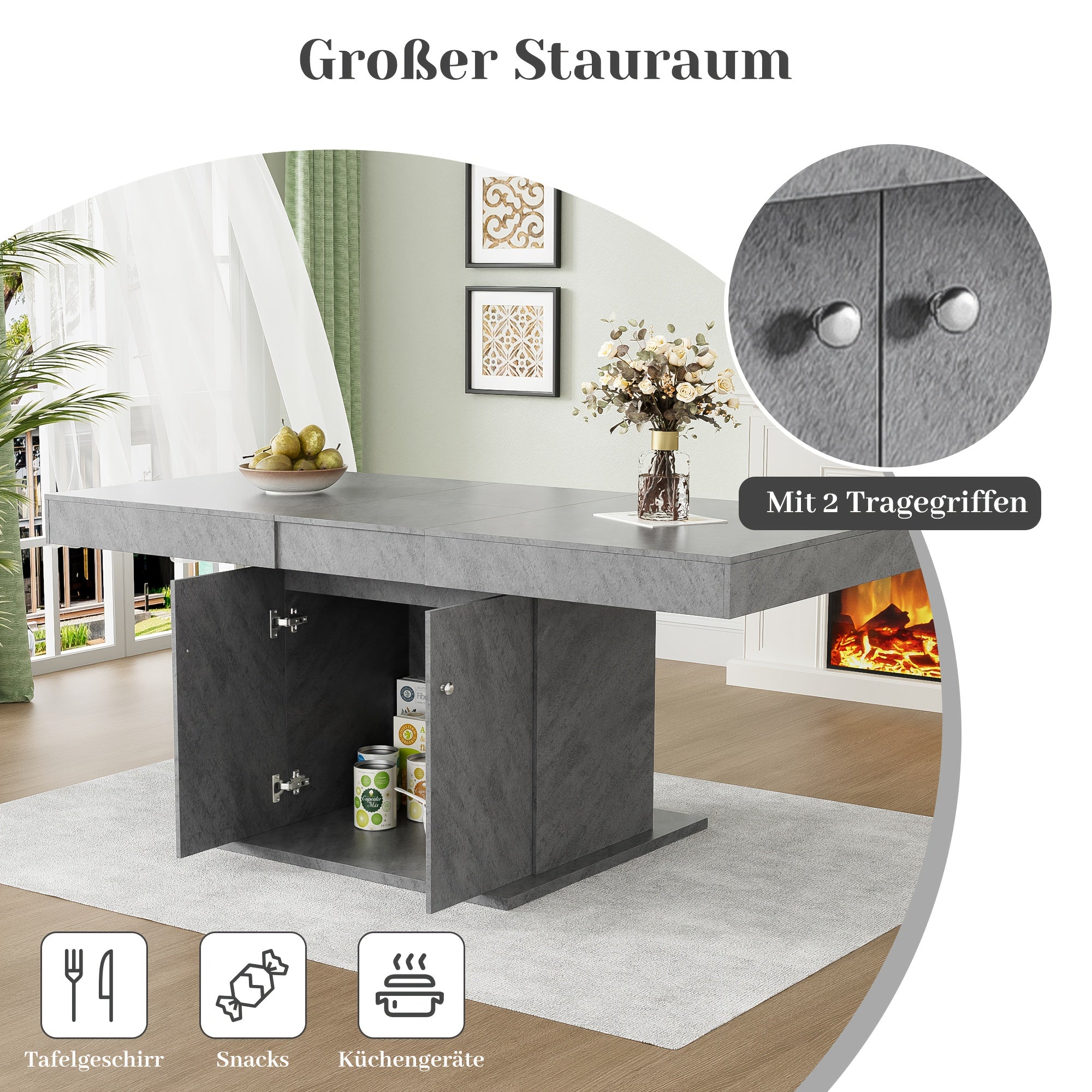 Table à manger moderne avec mécanisme automatique d'extension/retrait, base en métal robuste et plateau en bambou, design pliable compact pour les espaces réduits, appartements, salles à manger - Assemblage facile, gris (L140/180xW80xH76cm) - Idéal pour