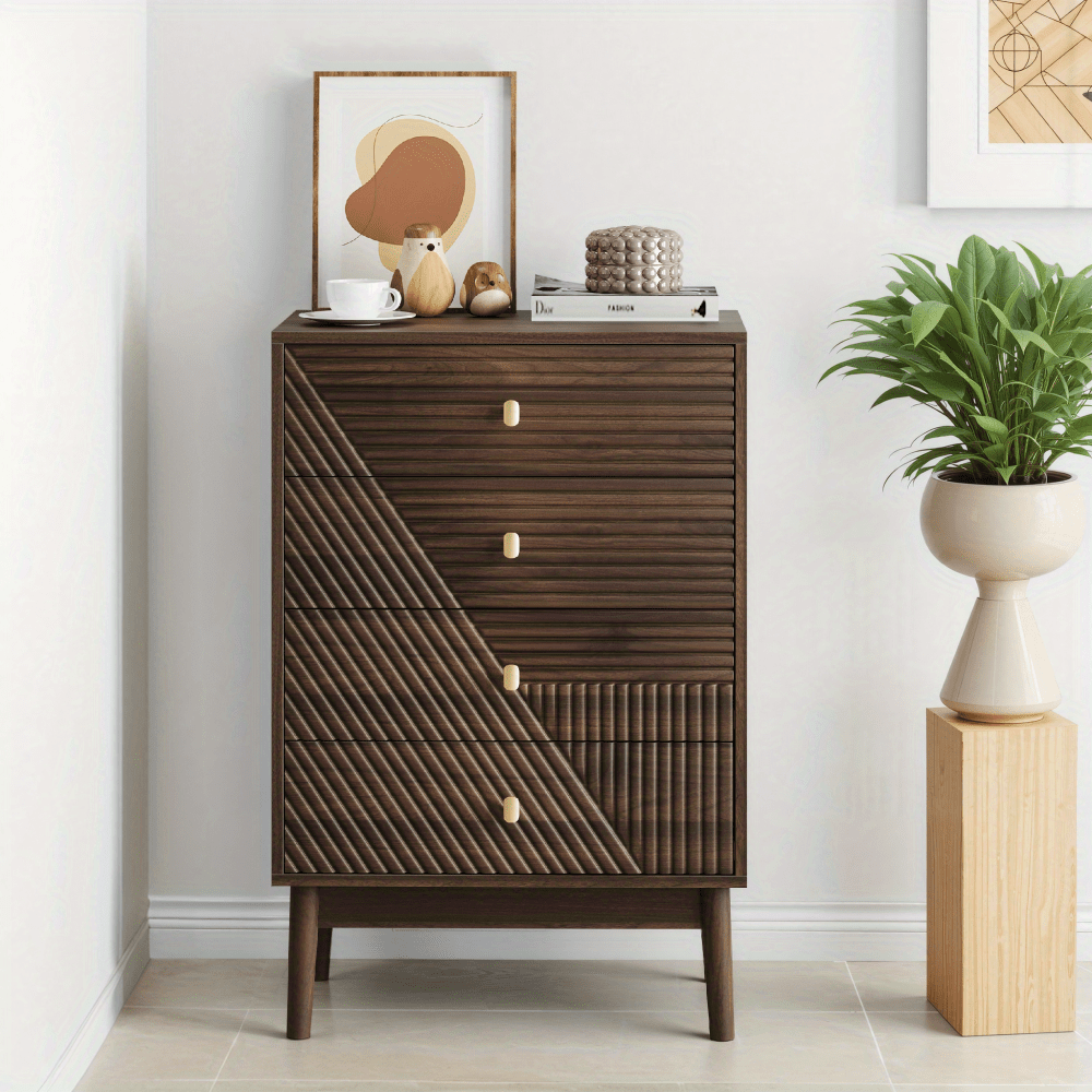Un armoire avec quatre tiroirs, présentant un design contemporain, idéal pour être utilisé comme table de chevet ou pour le rangement, fabriqué en bois, et stylisé pour une esthétique rétro, parfait pour les salons, les chambres et les couloirs (fabriqué