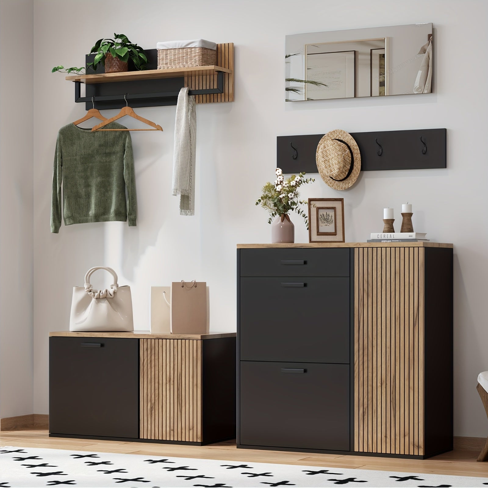 Ensemble de meubles de rangement modernes pour couloir avec 2 meubles à chaussures, porte-manteau, commode à tiroirs, miroir et 4 crochets - Organisateur au sol en bambou avec banc à chaussures et rangement
