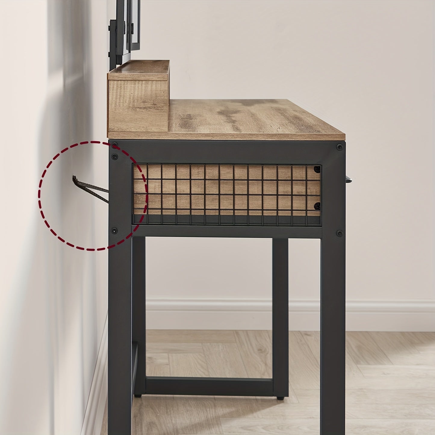 Table de Cosmétique Industrielle Vintage avec Tabouret Rembourré - Triple Miroir, 3 Tiroirs & Support Sèche-Cheveux, Finition Noyer & Noir, Construction Robuste en Bois Dur, Conception Peu Encombrante avec Étagère de Rangement, Montage Facile, Station de