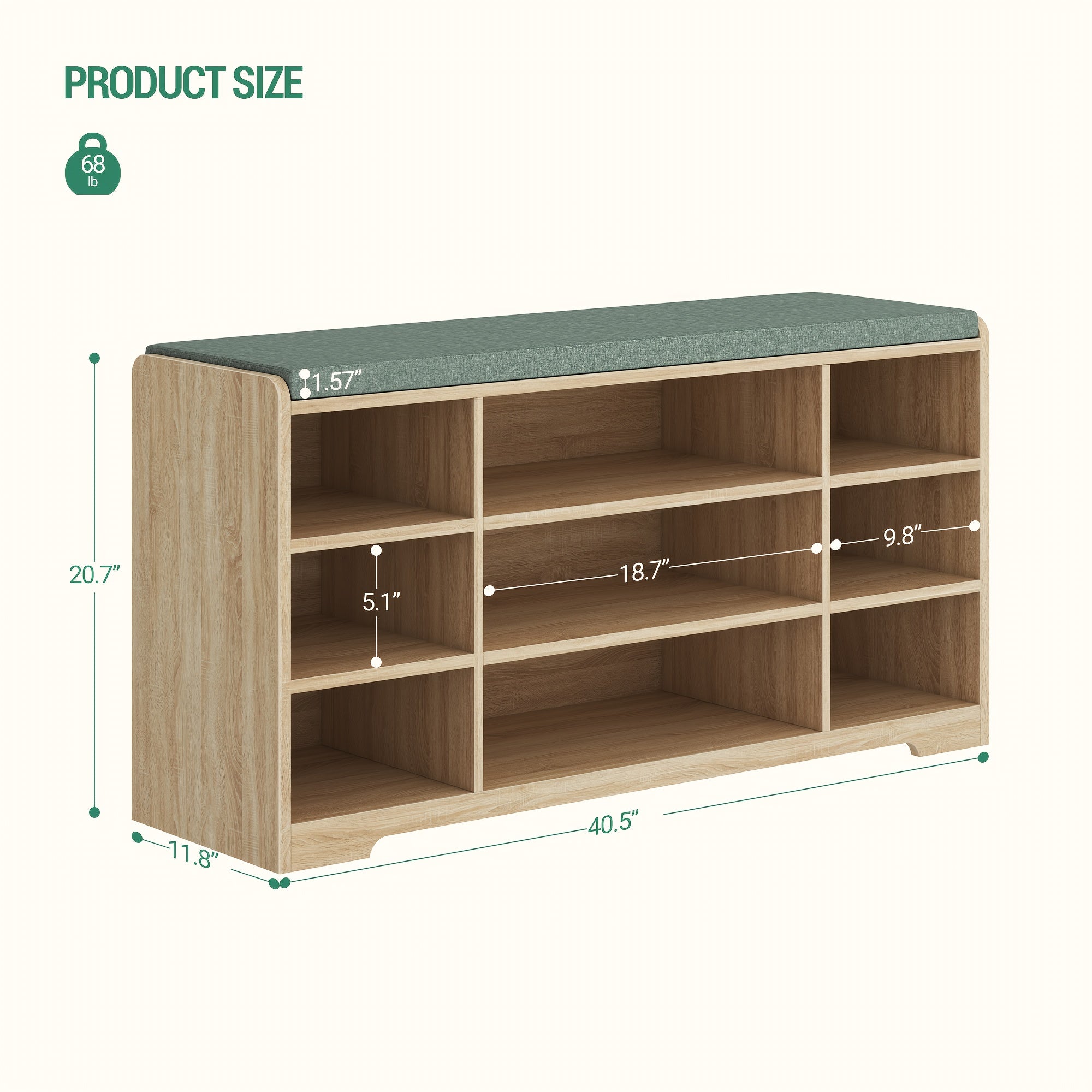 Banc à Chaussures, Étagère avec Siège, Banc de Rangement Coussin, 9 Compartiments, 30 x 103 x 52,7 cm, Étagères Réglables, pour Salon, Couloir, Chambre, Hêtre Blanchi