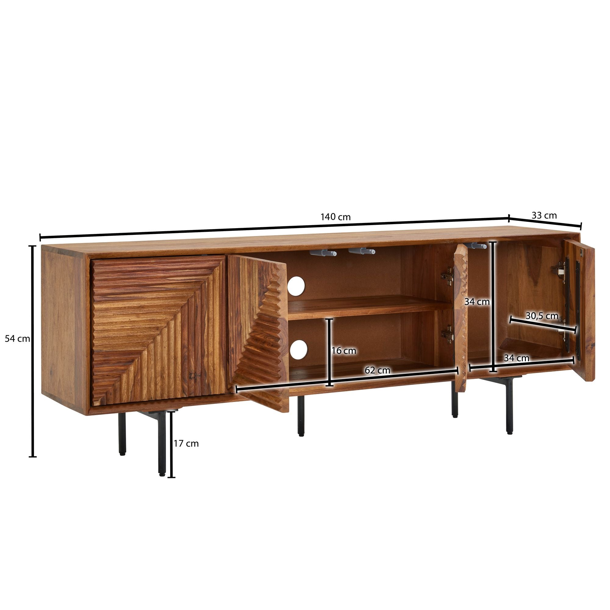 Meuble TV en Bois Massif Sheesham 140x54x33 cm avec Quatre Portes, Design Élégant, Table TV Moderne, Meuble TV pour Salon, Buffet TV