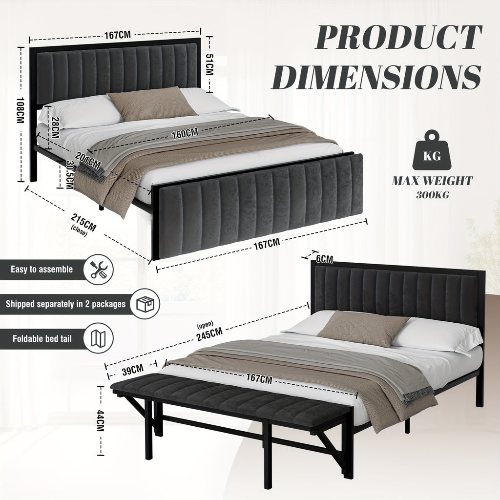 Lit double rembourré 140x200cm/160x200cm avec banc d'extrémité pliable, lit multifonctionnel fabriqué avec un cadre en acier avec espace de rangement et de bonnes options d'organisation, dossier en velours doux, adapté à divers groupes cibles, idéal pour
