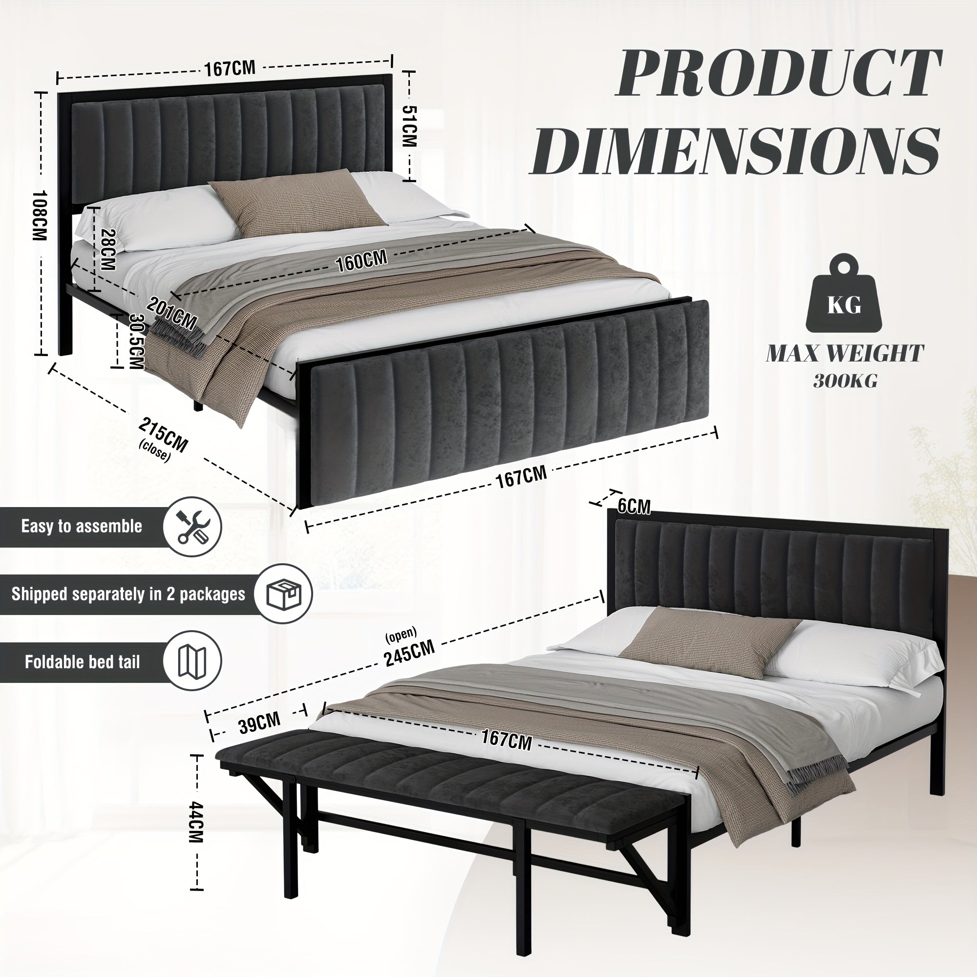 Lit double rembourré 140x200cm/160x200cm avec banc d'extrémité pliable, lit multifonctionnel fabriqué avec un cadre en acier avec espace de rangement et de bonnes options d'organisation, dossier en velours doux, adapté à divers groupes cibles, idéal pour