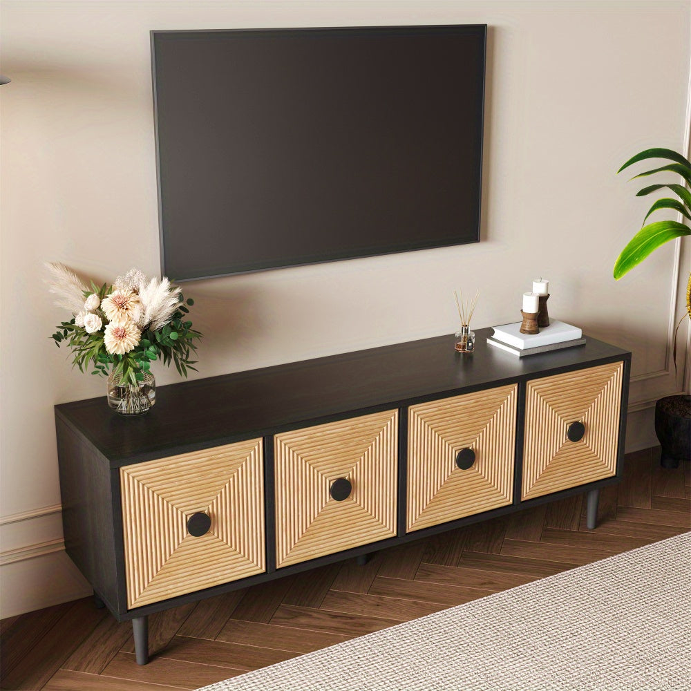 Armoire TV noire moderne 150 x 38 x 55 cm, basse en bambou, meuble TV avec espace de rangement