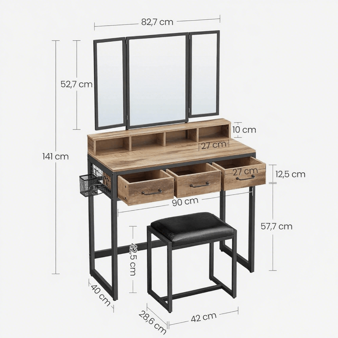 Table de maquillage avec miroir pliant en 3 parties, support pour sèche-cheveux, table de maquillage avec tabouret rembourré, 3 tiroirs
