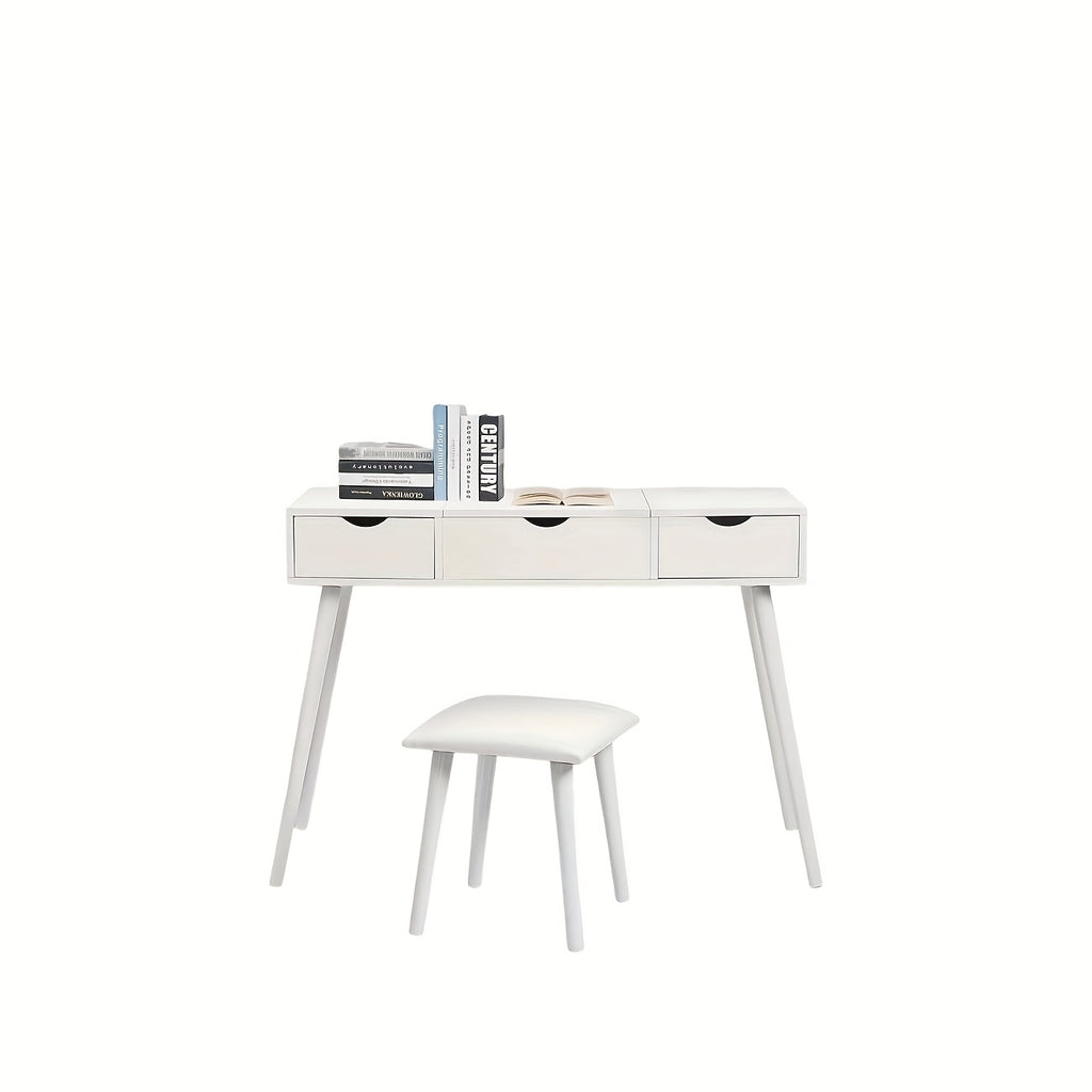 1pc Bureau de Toilette avec Miroir et Tabouret, Table à Cosmétiques avec 2 Tiroirs, Grand Plateau 100x40x75cm Blanc