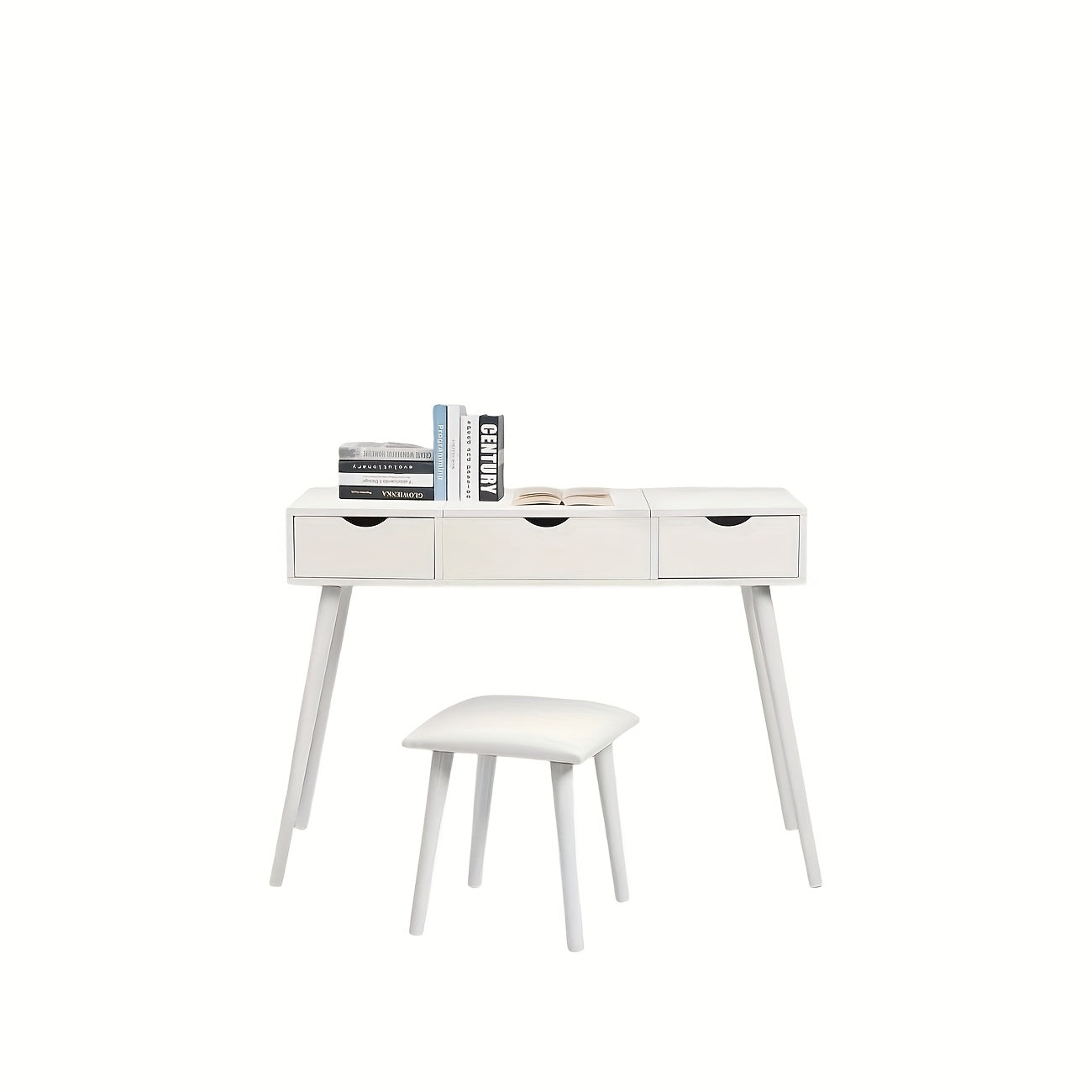 1pc Bureau de Toilette avec Miroir et Tabouret, Table à Cosmétiques avec 2 Tiroirs, Grand Plateau 100x40x75cm Blanc