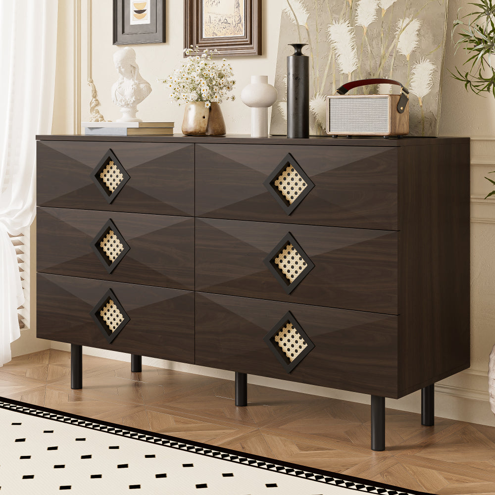 Table de Toilette Vintage Élégante à 6 Tiroirs avec Poignées en Rotin et Boutons de Tiroirs - Marron Foncé/Noir, Design Robuste à 4 Pieds, Hauteur 68,58 cm, Espace de Rangement de 3,2 Pieds Cubes, Montage Requis pour Chambre, Salon, Espace de Toilette (M