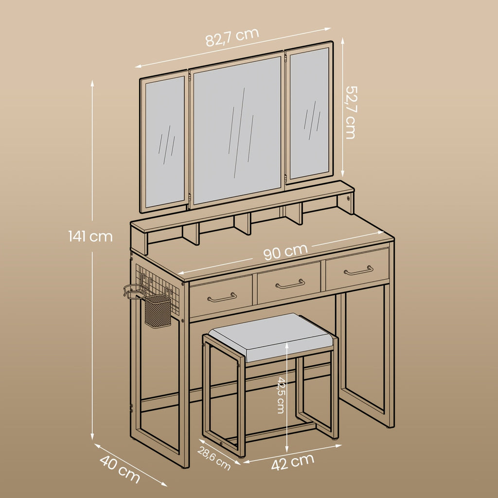 Table de Cosmétique Industrielle Vintage avec Tabouret Rembourré - Triple Miroir, 3 Tiroirs & Support Sèche-Cheveux, Finition Noyer & Noir, Construction Robuste en Bois Dur, Conception Peu Encombrante avec Étagère de Rangement, Montage Facile, Station de