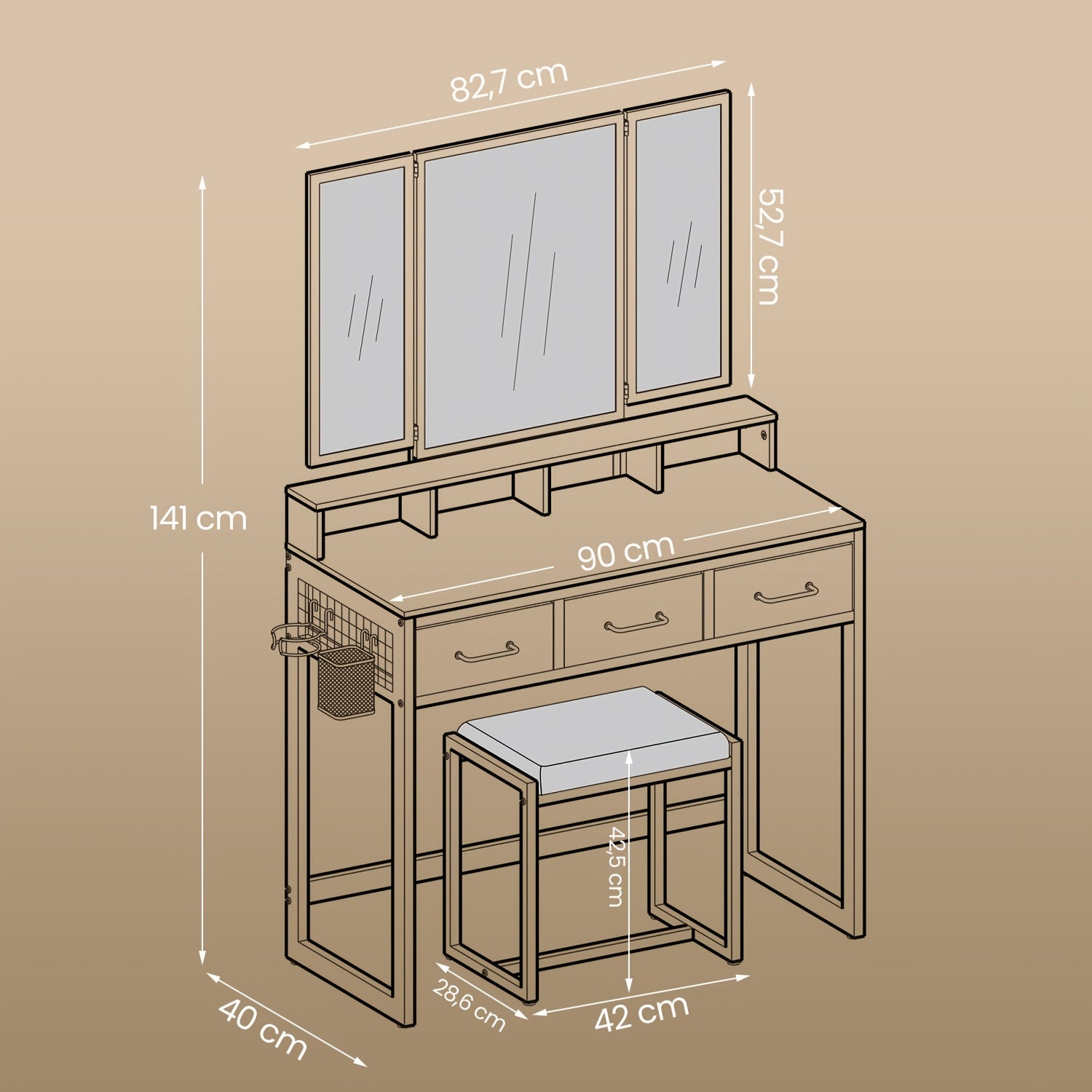 Table de Cosmétique Industrielle Vintage avec Tabouret Rembourré - Triple Miroir, 3 Tiroirs & Support Sèche-Cheveux, Finition Noyer & Noir, Construction Robuste en Bois Dur, Conception Peu Encombrante avec Étagère de Rangement, Montage Facile, Station de