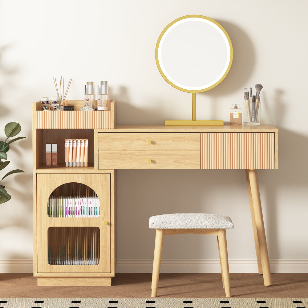 Coiffeuse élégante de 120 x 40 x 90 cm avec miroir pour un maquillage précis, grand espace de rangement (3 tiroirs + armoire), capacité de charge de 50 kg, verre irisé et design moderne. Facile à assembler, idéale pour une chambre ou comme cadeau.
