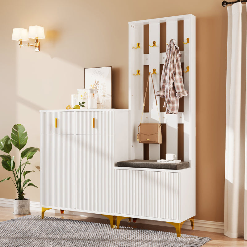 Ensemble de vestiaire tout-en-un avec armoire à chaussures, banc et siège rembourré - Organisateur d'entrée moderne avec tringles, tiroirs et portes - Cadre en métal robuste, mobilier de buanderie peu encombrant pour couloir, chambre ou salle de bain - P