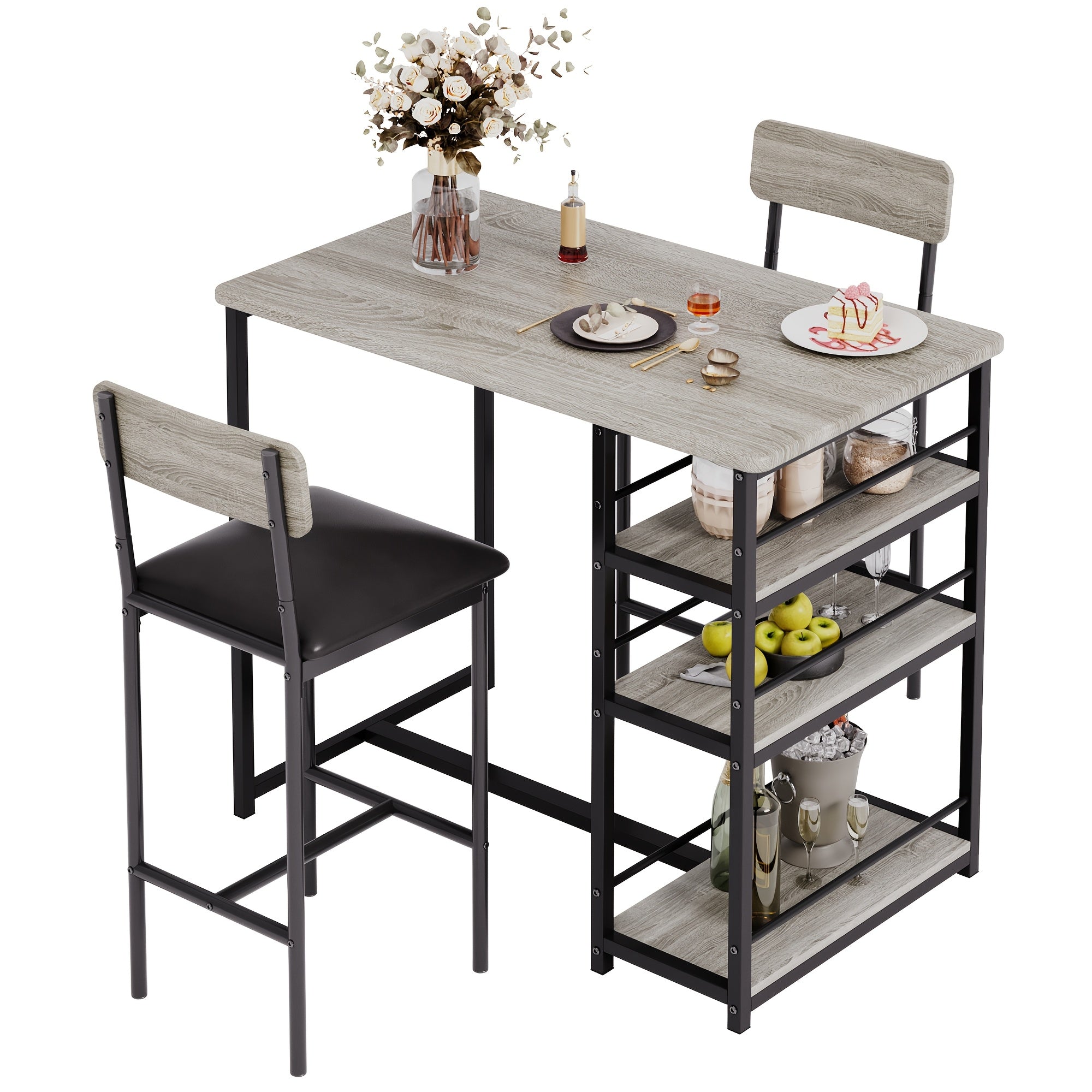 Ensemble de Table de Cuisine, Table À Manger Et Chaises Pour 2, Ensemble de Table À Manger En 3 Pièces Avec 2 Chaises Cuir, Ensemble de Table À Manger Avec Bar Pour Les Petits Espaces, Appartement, Petit-déjeuner, Pub, Gris Rustique