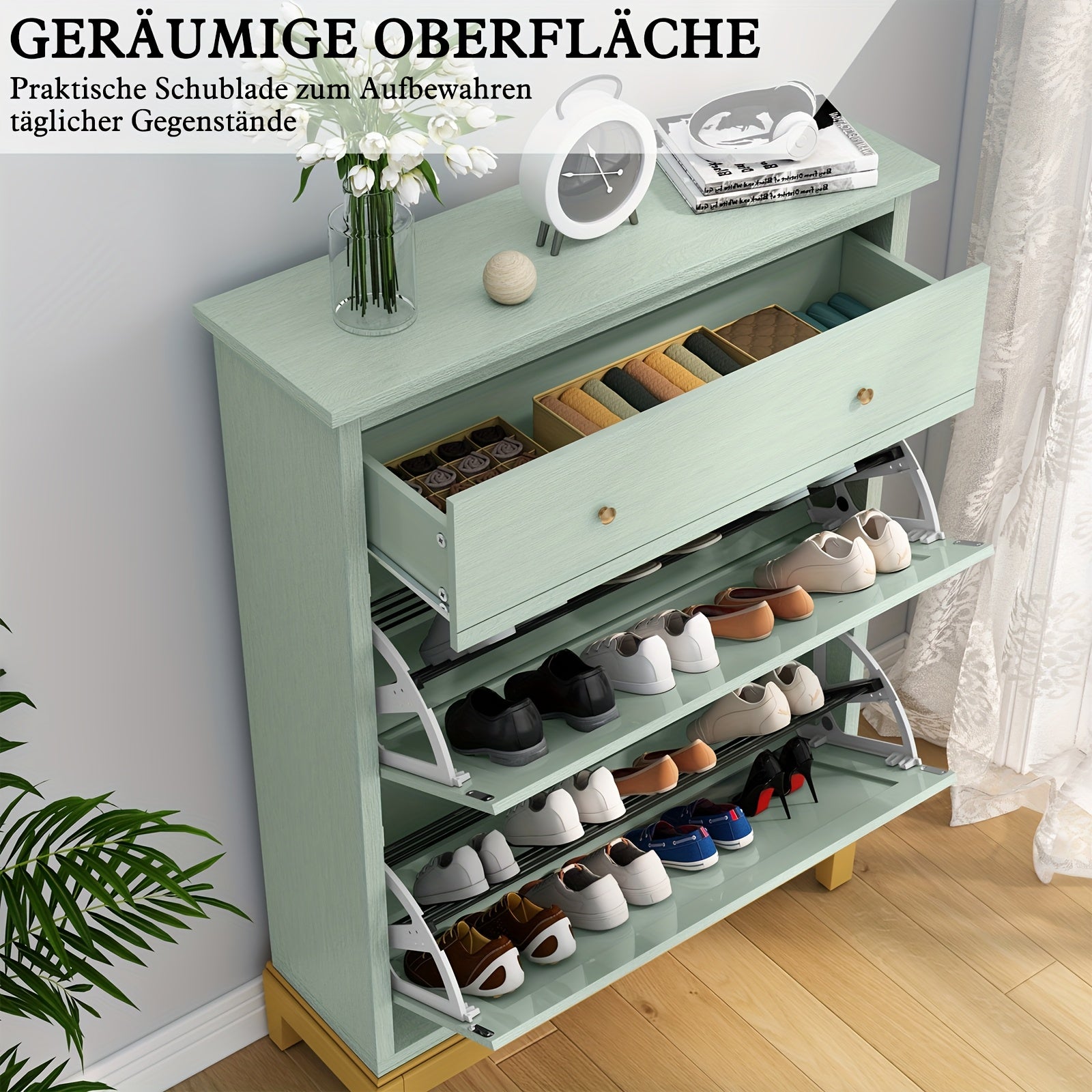 Armoire à chaussures haute et étroite avec 2 barrières et 2 tiroirs, étagère à chaussures réglable, multi-couleur, idéale pour l'entrée