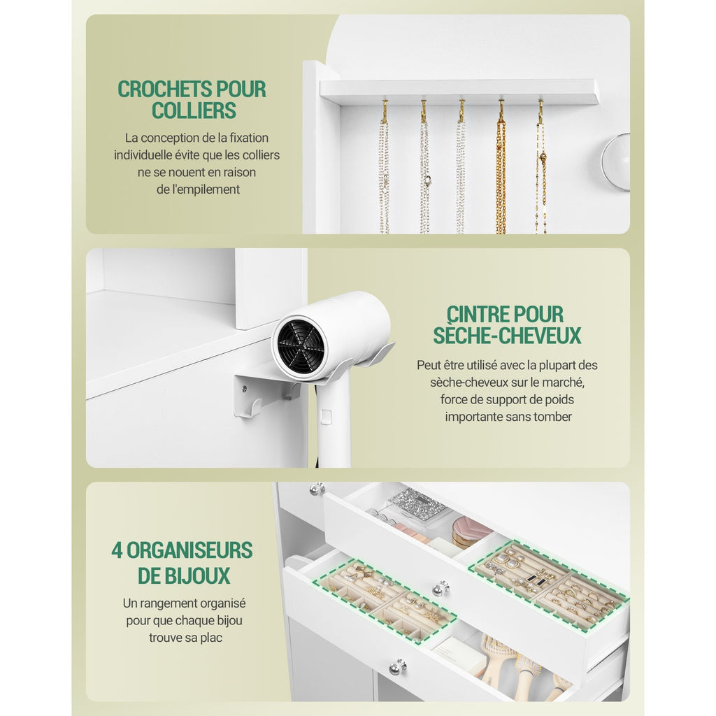 Coiffeuse avec Eclairage LED, avec Prise et Support pour Sèche-Cheveux, Grand Plateau 108 cm, Coiffeuse avec 2 Grands Tiroirs avec Rangement pour Bijoux, 2 Armoires,