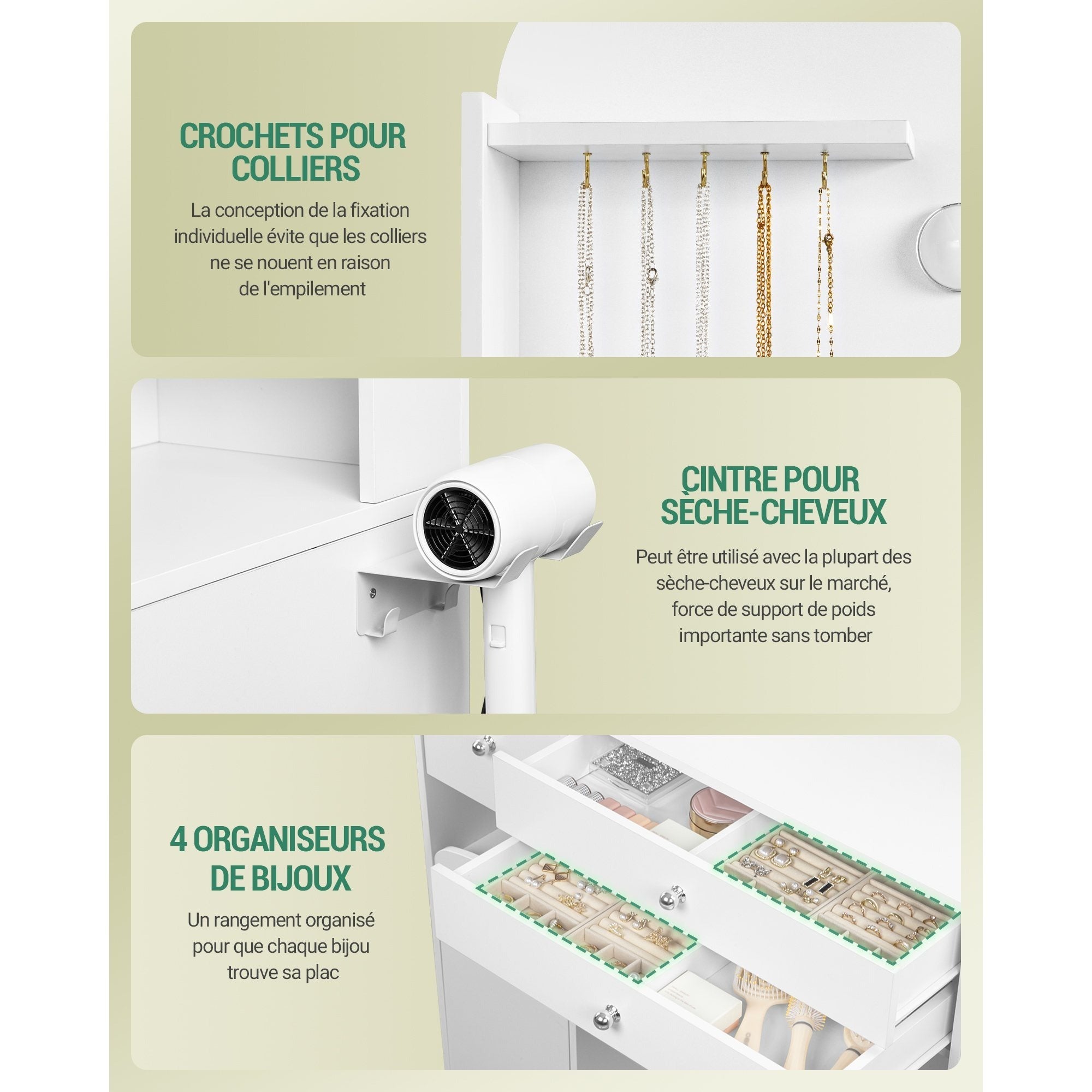 Coiffeuse avec Eclairage LED, avec Prise et Support pour Sèche-Cheveux, Grand Plateau 108 cm, Coiffeuse avec 2 Grands Tiroirs avec Rangement pour Bijoux, 2 Armoires,