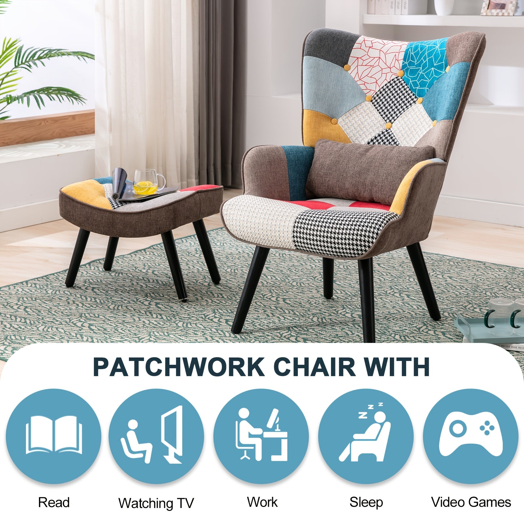 Fauteuil en Lin Patchwork Coloré avec Repose-Pieds, Design Scandinave en Bois Massif, Support Lombaire Ergonomique, Siège Décoratif Confortable pour Salon ou Bureau, Style Moderne Wingback avec Coussin en Éponge, Siège de Salon | Style Scandinave | Cadre