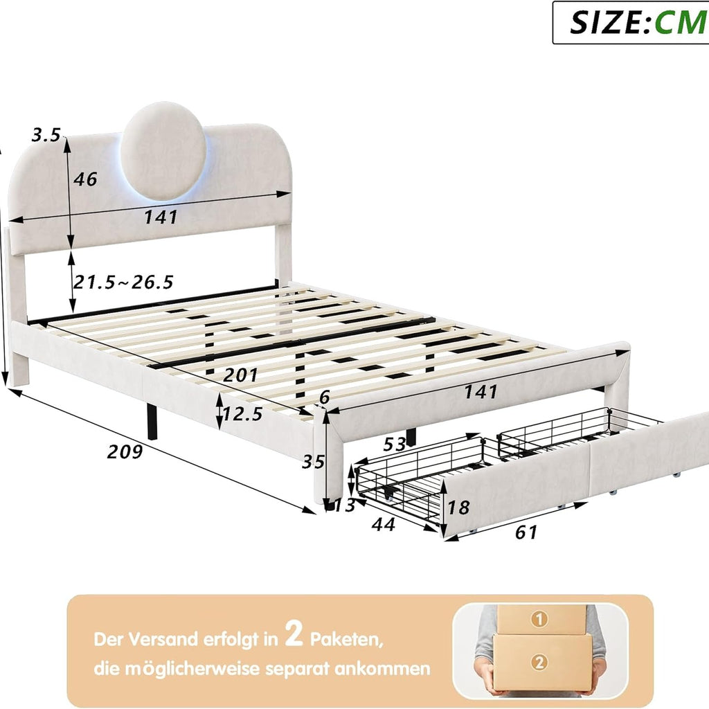 Lit élégant en tissu LED, 140 x 200 cm, avec 2 tiroirs, lit double en flanelle, lit double avec cadre à lattes et compartiment de rangement, adapté aux adultes