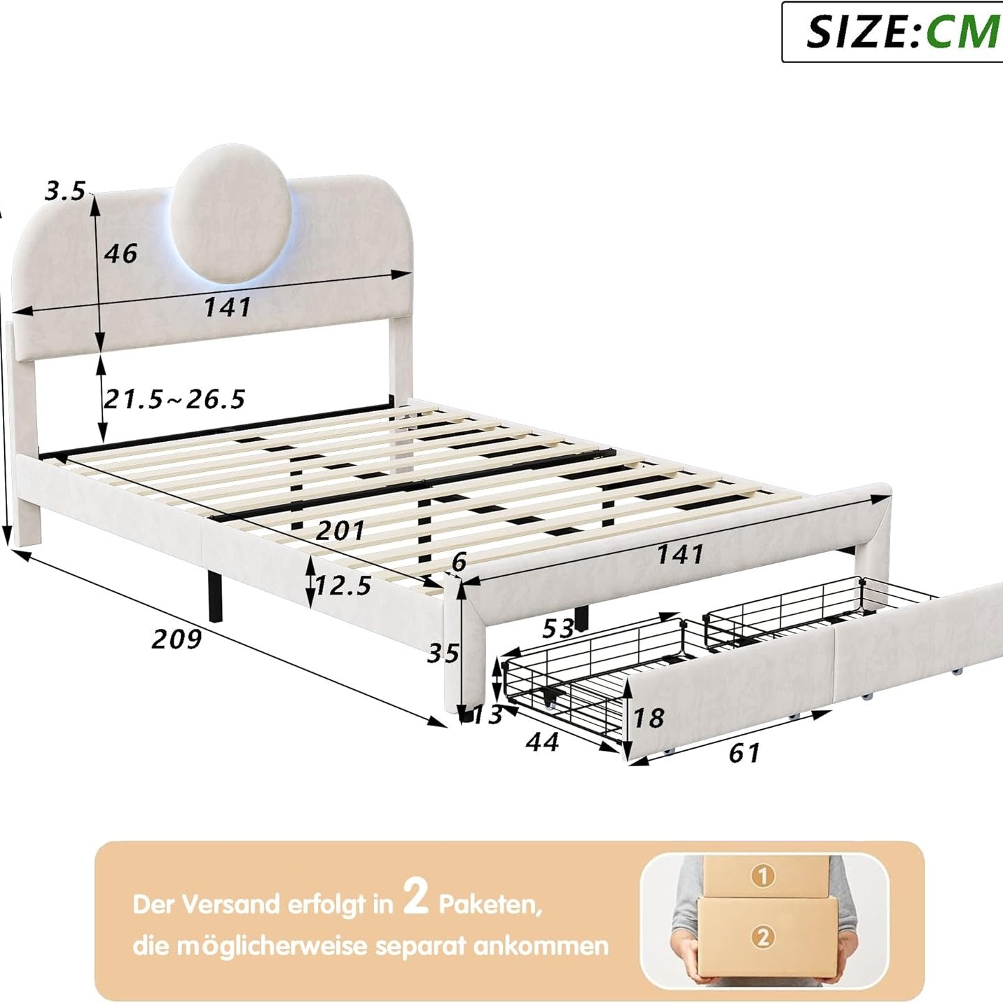 Lit élégant en tissu LED, 140 x 200 cm, avec 2 tiroirs, lit double en flanelle, lit double avec cadre à lattes et compartiment de rangement, adapté aux adultes