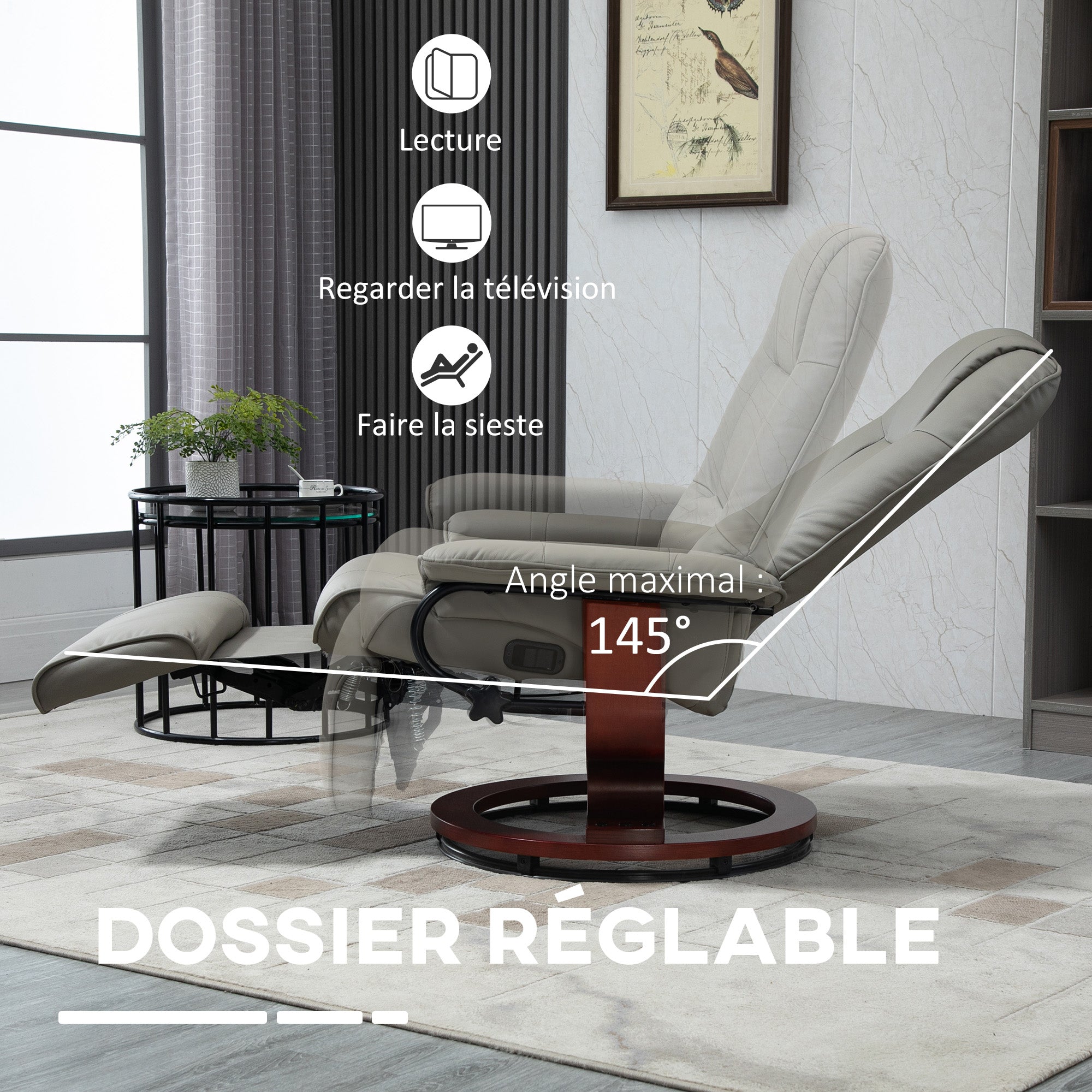 HOMCOM Fauteuil relax inclinable fauteuil de salon repose-pieds réglable pivotant 360° piètement bois revêtement synthétique gris