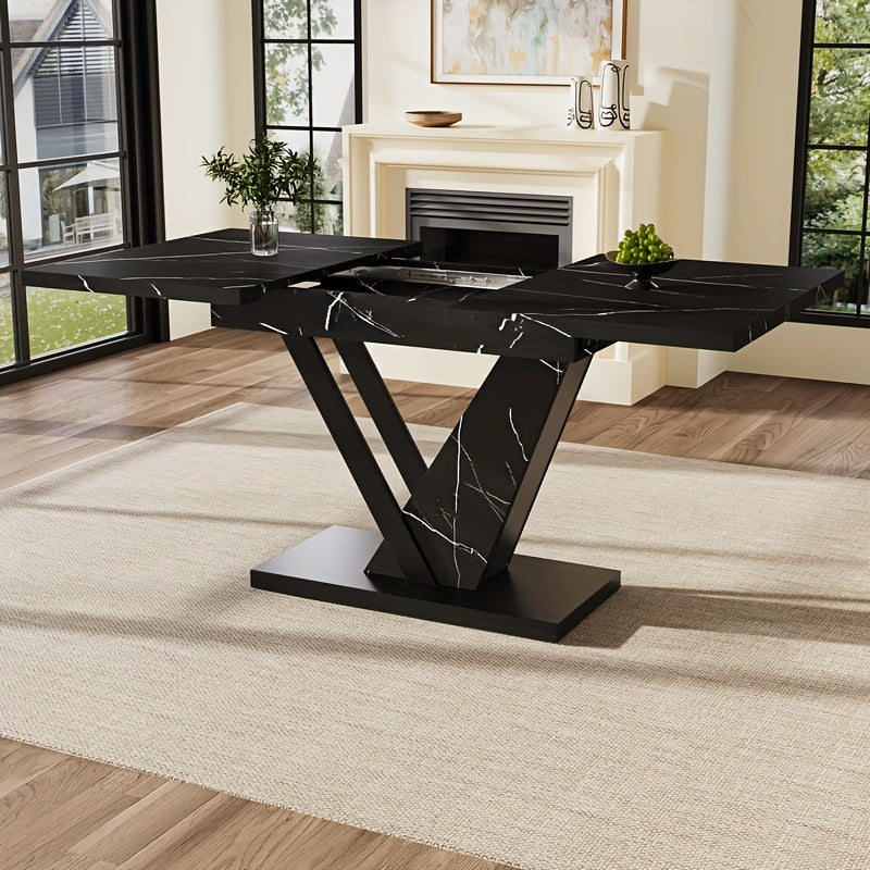 Table à manger extensible avec motif de marbre - Extensible de 120 à 160 cm (47 à 63 pouces), table de cuisine et de salon moderne peu encombrante, assemblage facile, construction en bambou robuste pour les petits espaces, salle à manger ou salle à mange