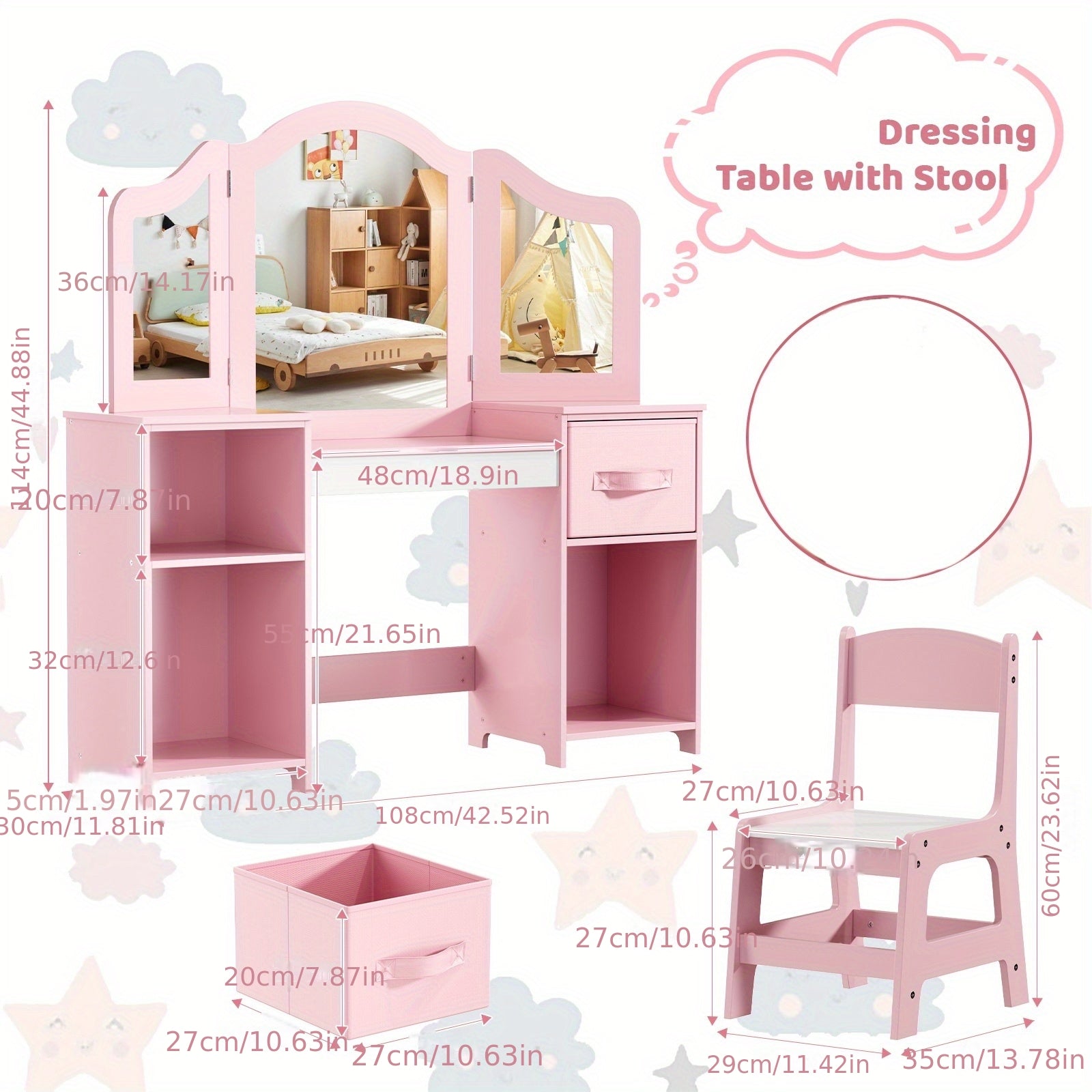 Ensemble Bureau 2 en 1, Coiffeuse avec Miroir Amovible, Table et Chaise à Espace de Rangement, 2 Tiroirs Textiles, 108x30x114 cm, Idéal pour le Bureaux, la Toilette ou l'Organisation, Espace de Toilette Personnel,Aménagement de Bureau à Domicile,Bureau d