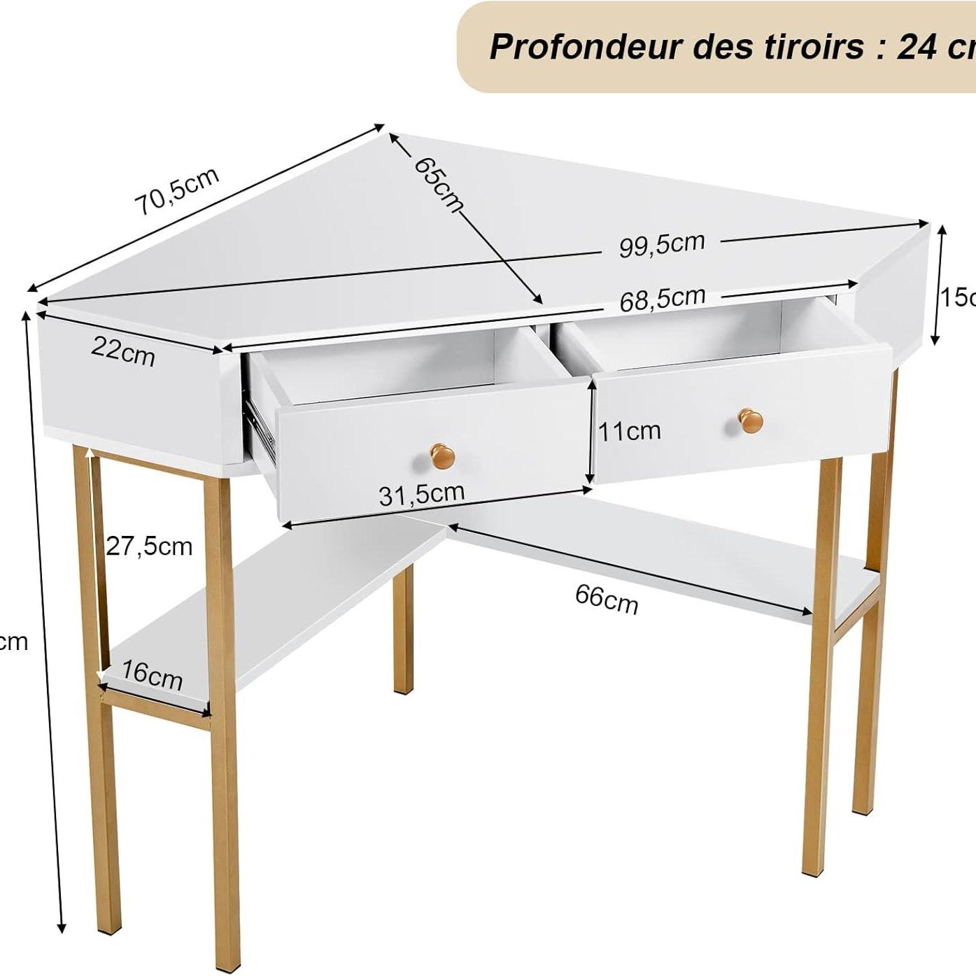 COSTWAY Table Bureau d'angle avec 2 Tiroirs Table Imformatique pour Ordinateur avec Etagère de Rangement Noir/Doré/Blanc, pour Travail, Moderne
