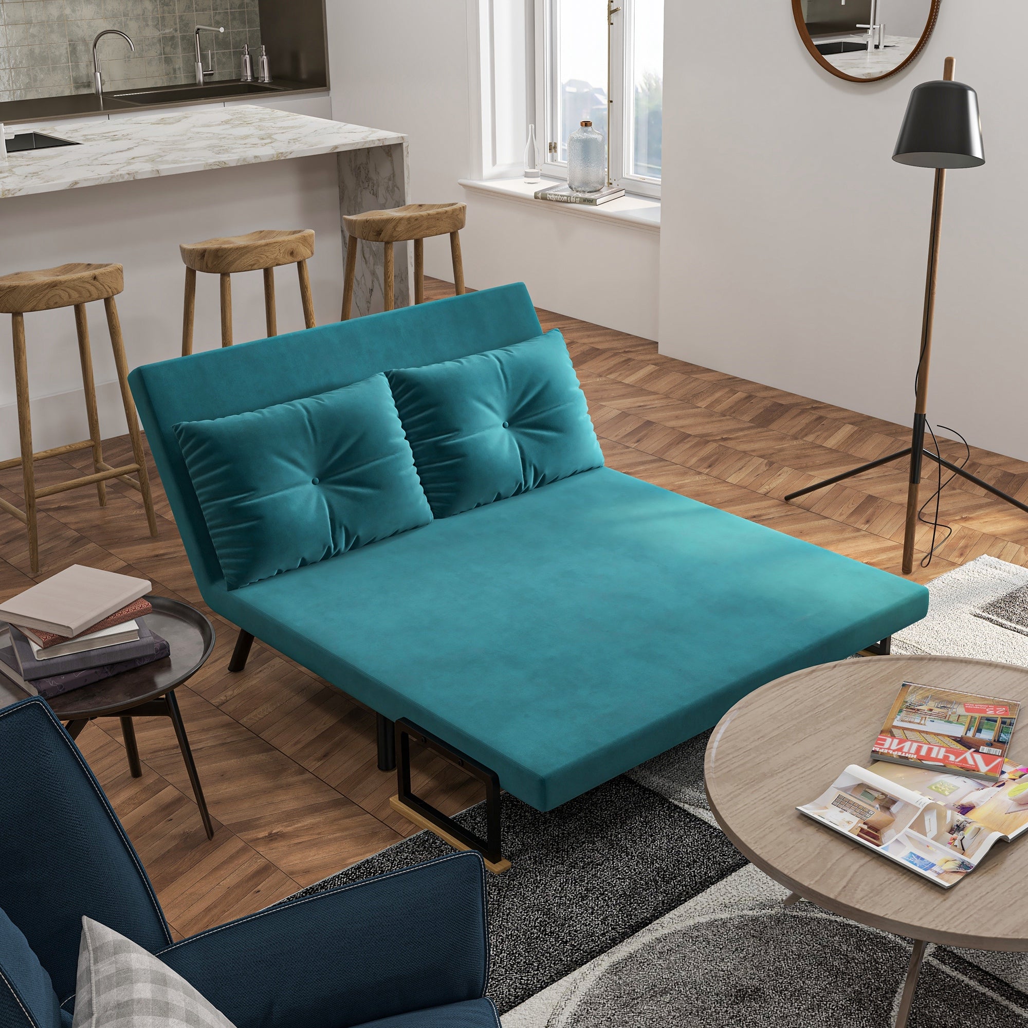HOMCOM Canapé convertible 2 places canapé-lit pliant avec dossier réglable sur 5 niveaux et 2 coussins rembourrés, tissu effet velours pour salon, chambre d'amis, 102 x 73 x 81 cm, bleu foncé