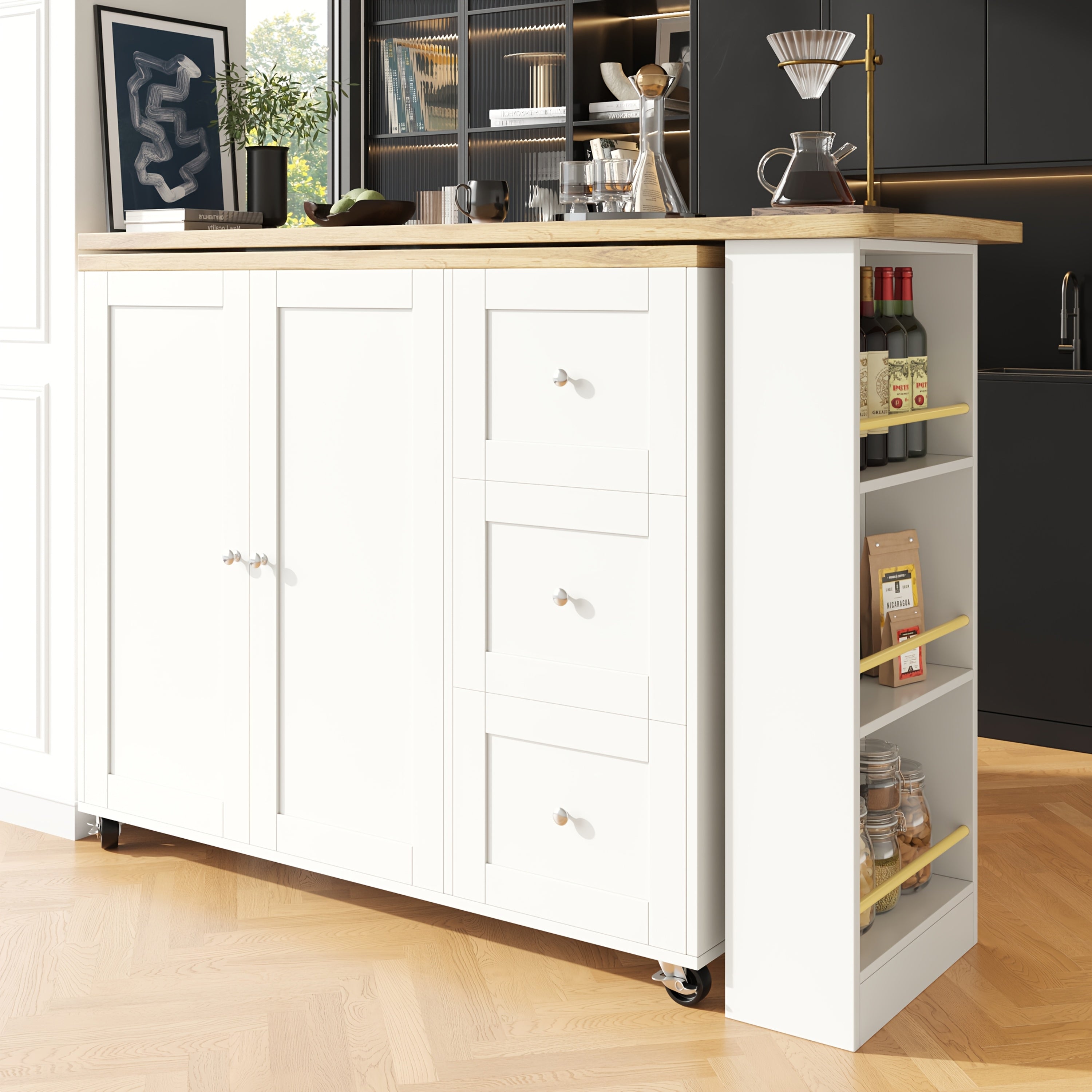 Ile de Rangement Mobile avec Table à Bar Rotative à 360° & 3 Tiroirs - Îlot de Cuisine en Bambou Blanc avec Support à Snacks, Roulettes pour une Mobilité Facile, Conception Peu Encombrante pour Petits Espaces, Meubles Modernes pour Cuisine & Salon, Haute