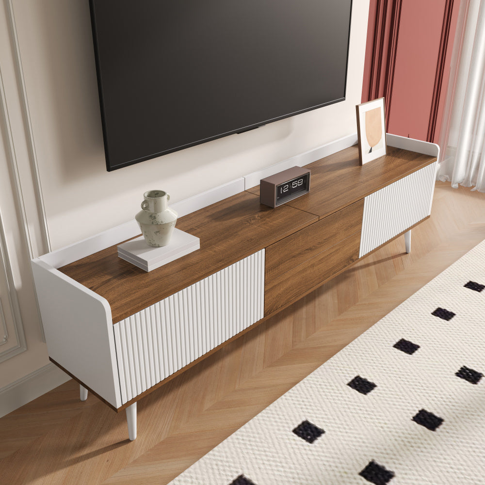 Meuble TV Moderne Blanc & Bois Naturel avec Meuble de Rangement à 3 Portes - Console Média Compacte, Conception Peu Encombrante pour Petits Espaces, Montage Facile, Construction Robuste, Hauteur 49.5", Longueur 160cm, Largeur 39cm, Centre de Divertisseme