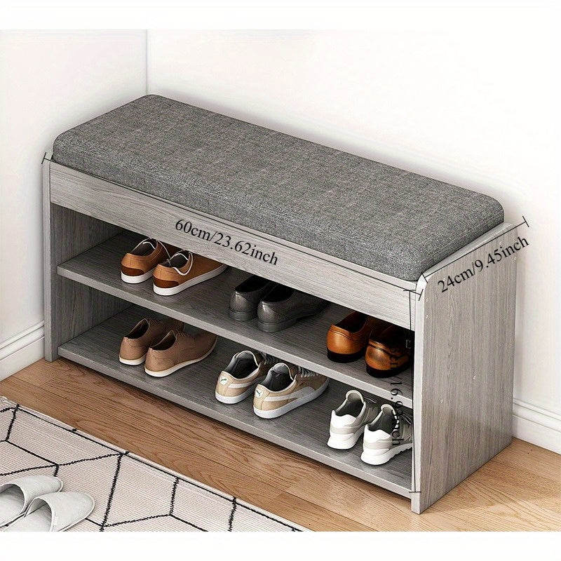Banc à chaussures minimaliste moderne avec armoire à chaussures intégrée - Organisateur de rangement en bois à 3 niveaux, rembourrage en polyester durable, conception peu encombrante pour l'entrée, le salon, la chambre à coucher - Contient 68,58 cm, banc