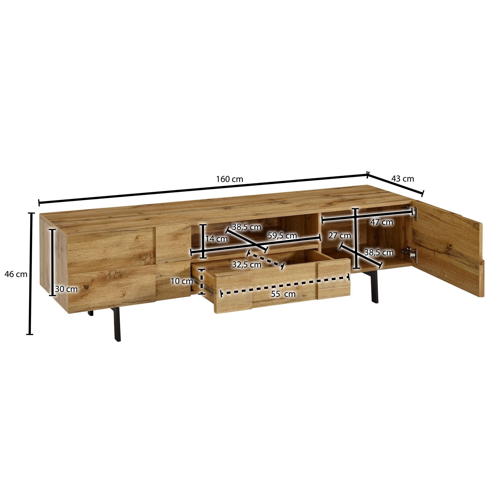 Meuble TV bas en bois chêne décoratif 160X46X43 cm avec deux portes, Meuble TV haut, Table TV moderne pour salon