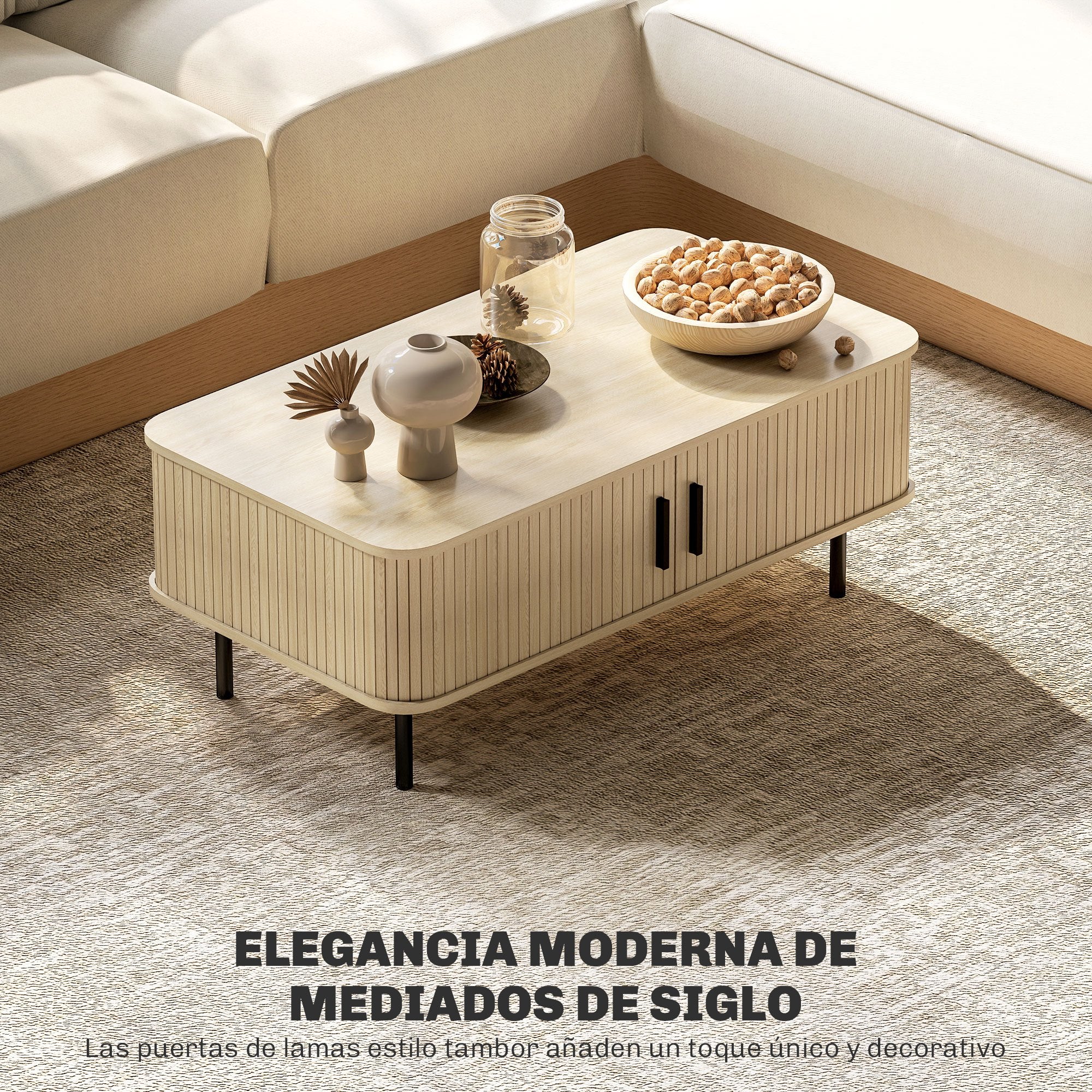 HOMCOM Table Basse pour Salon avec 2 Portes à Volets Coulissants 2 Compartiments et Pieds en Acier pour Salon Chambre 100x55x40 cm Chêne