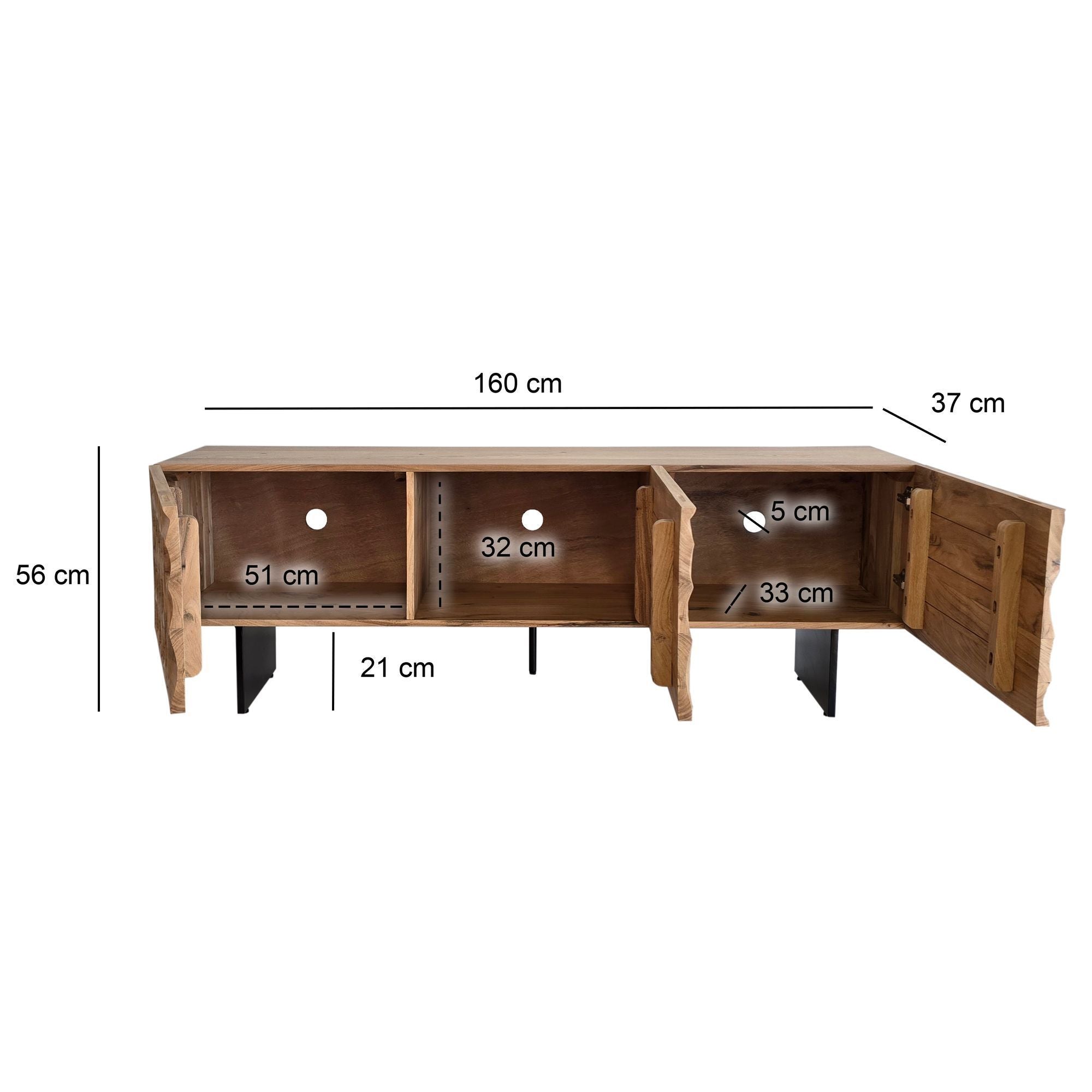 Meuble TV en Acacia Massif 160x56x37 cm avec Trois Portes, Design Optique 3D, Table TV Moderne avec Pieds Métalliques, Console TV pour Salon